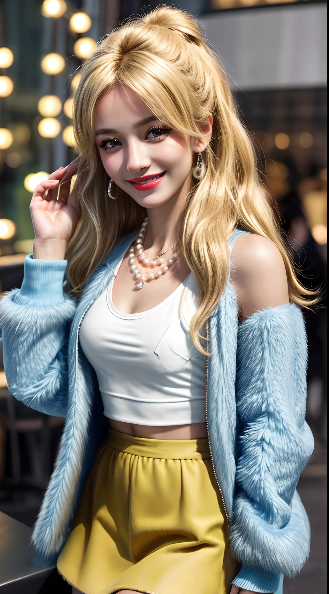 8K, Best Quality, Masterpiece: 1.2) , Super Detail, 1 Girl, party vibe, party atmosphere, lively party atmosphere, beautiful smile, Small Tits, Small Beautiful Detail Eyes , Night, girl wearing Faux-fur Sleeved Bolero Jacket, wearing Monogram Spaghetti Tank Top, wearing Cargo-pocket Mini Skirt, pearl necklace, blonde long hair