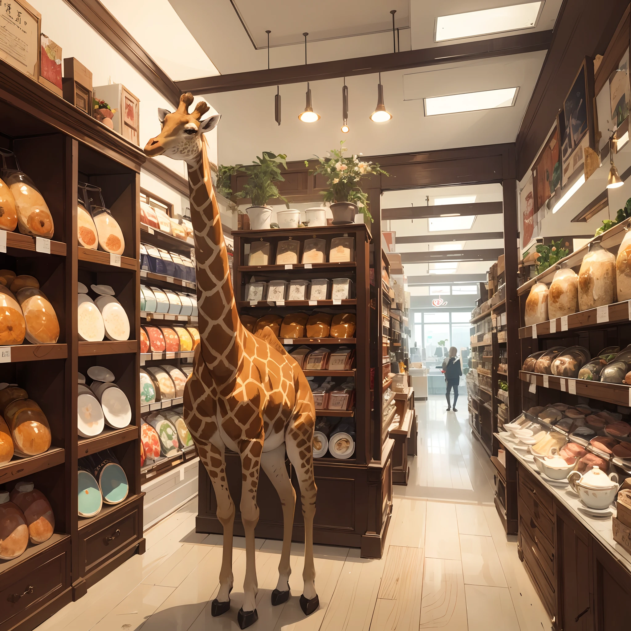 A clumsy giraffe standing awkwardly in a shop filled with delicate china.