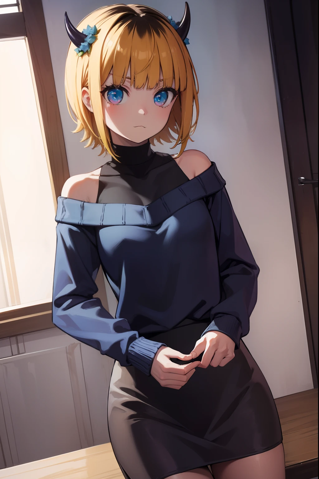 memcho, memcho, blonde hair, blue eyes, blunt bangs, demon horns, fake horns, horns, short hair,
BREAK bare shoulders, black skirt, (blue sweater:1.5), long sleeves, off shoulder, off-shoulder sweater, puffy sleeves, skirt, sweater, white ribbon,
BREAK looking at viewer,
BREAK indoors,
BREAK (masterpiece:1.2), best quality, high resolution, unity 8k wallpaper, (illustration:0.8), (beautiful detailed eyes:1.6), extremely detailed face, perfect lighting, extremely detailed CG, (perfect hands, perfect anatomy),