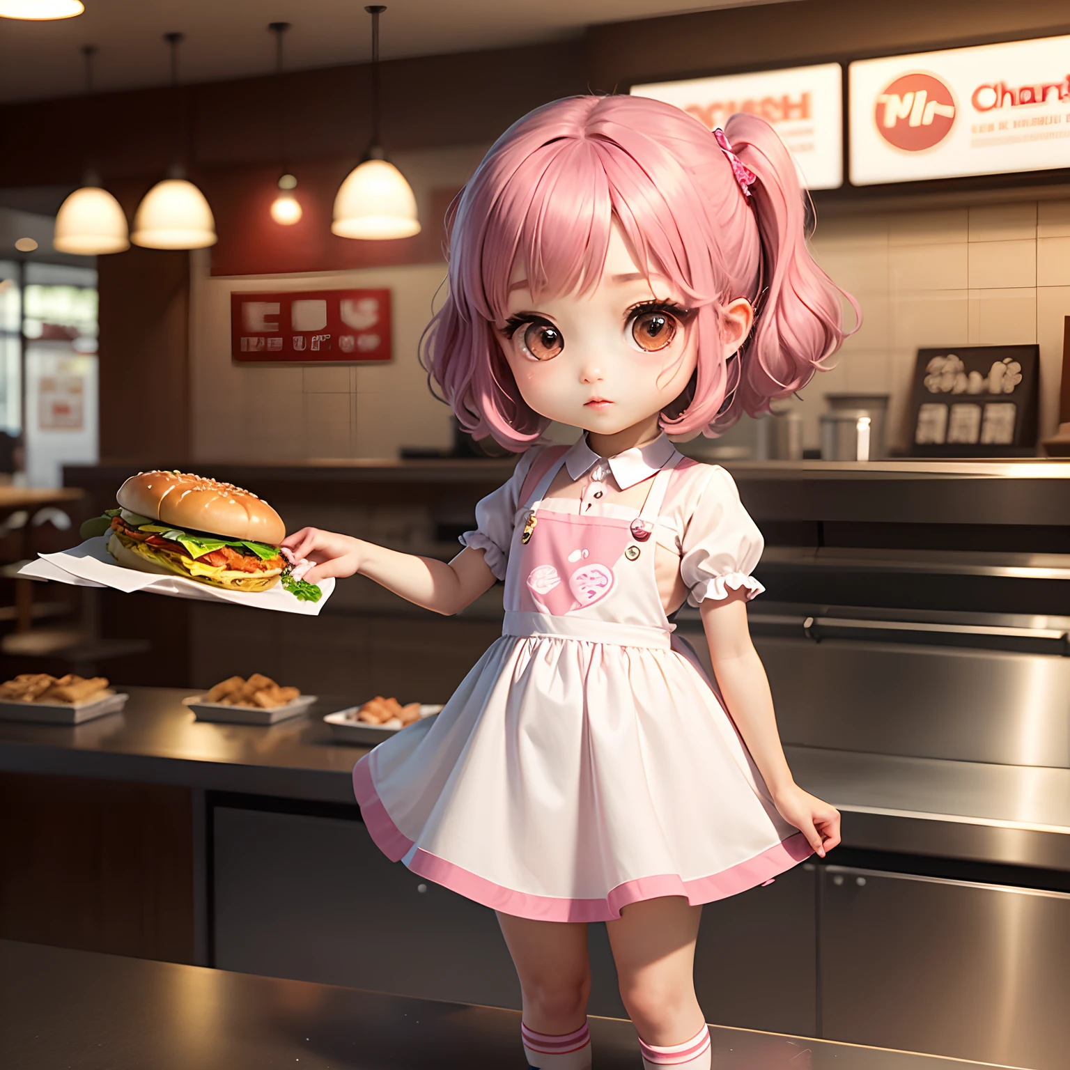 masterpiece、top-quality、ultra-detailliert、(Chibi Chara's Daughter:1.2)、Inside a fast food restaurant、A staff、