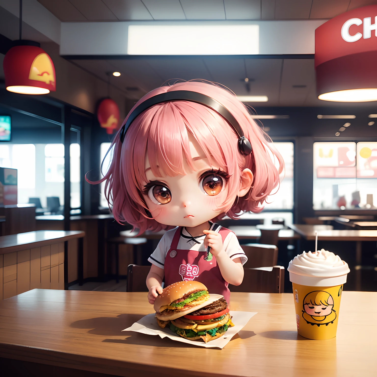 ​masterpiece、top-quality、ultra-detailliert、(Chibi Chara's Daughter:1.2)、Inside a fast food restaurant、A staff、