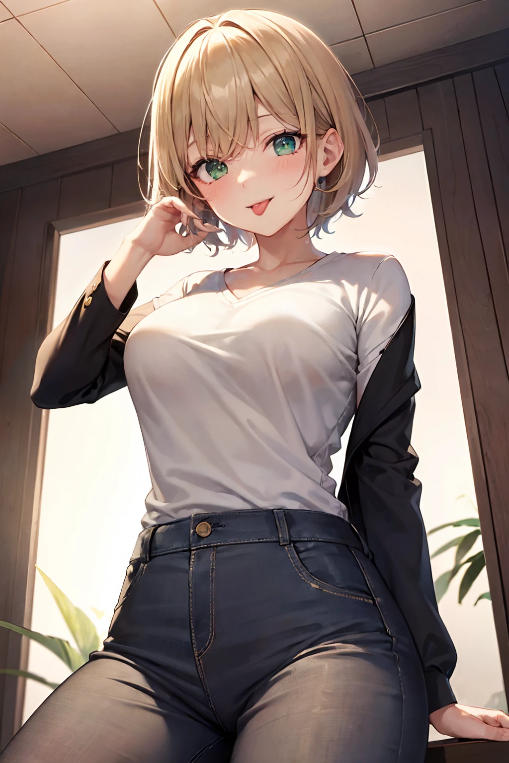 masterpiece, best quality, detailed, 1girl, (beige short hair:1.1), light green eyes, black tailored jacket, white v-neck t-shirt, straight pants, looking down on the viewer, tongue out, :p
