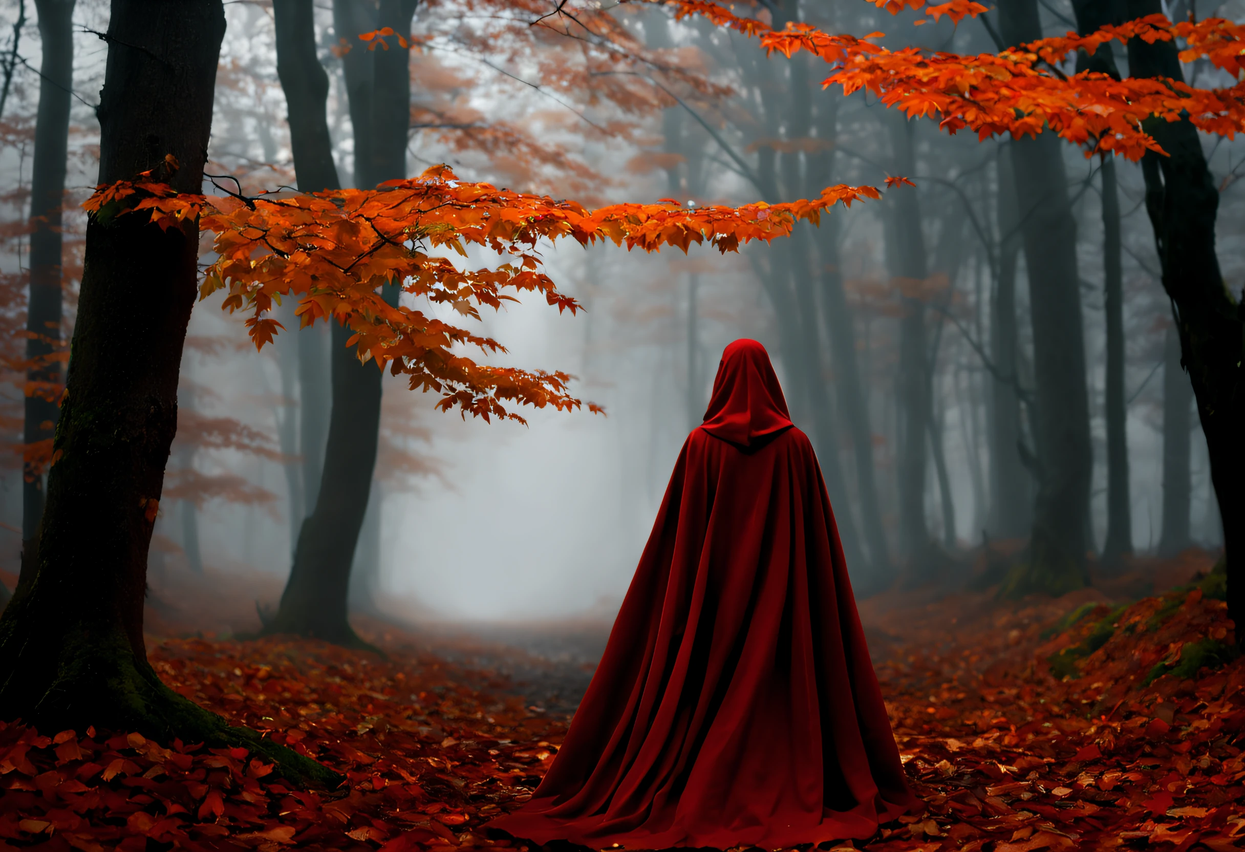 (best quality, 4k, 8k, high resolution, masterpiece: 1.2), ultra detailed (realistic, photorealistic, photorealistic: 1.37), a photorealistic depiction of a beautiful girl looking forward shrouded in the fog of the dark forest. Walk on a bed of fallen leaves. He wears a red cape. He has a flashlight on in his hand so he can see through the fog. (it is very foggy: 1.42) The trees in the background are tall and have orange leaves. The background is cloudy and the colors are dull. It is a very atmospheric and calm image, in the Tolkien style.