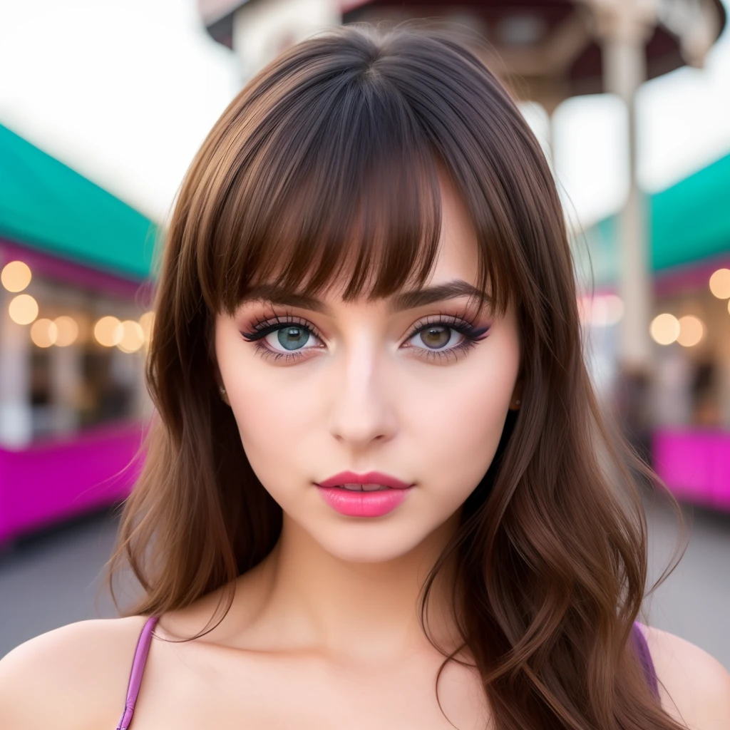 arafed frau voll , Sexy girl with brown eyes, ultra realistisch, Akribisch detailliert, portrait sophie mudd, brown hair and big eyes, Selfie einer jungen Frau, Dubai Augen, Violet Myers, ohne Make-up, Natural makeup, Blick direkt in die Kamera, Gesicht mit Artgram, dezentes Make-up, Stunning full body shot, auf Kirmes, vor einem Karussell, medium to large bust size