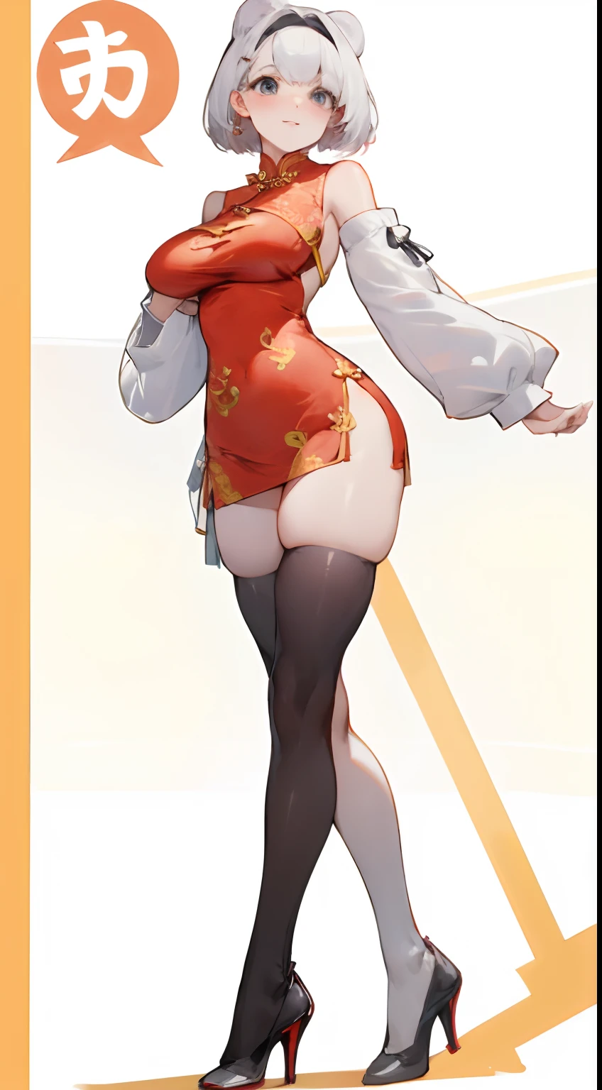 Bigboobs,cropped shoulders,White knee-length stockings,on cheongsam,Split cheongsam,Stand up,standing straight,high-heels