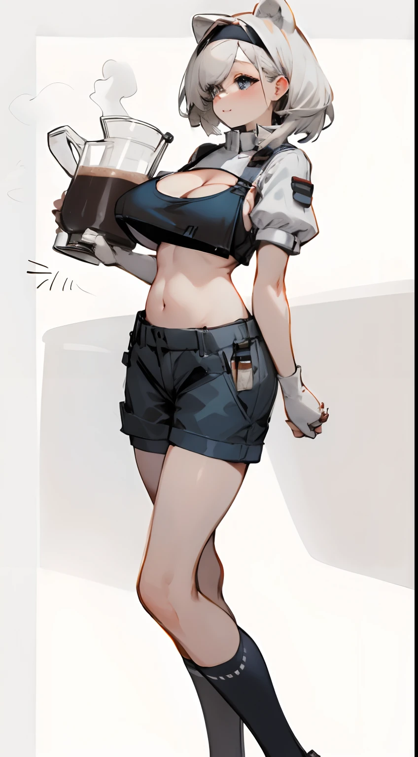 Bigboobs,cropped shoulders,knee length socks,Stand up,Barista,Making coffee