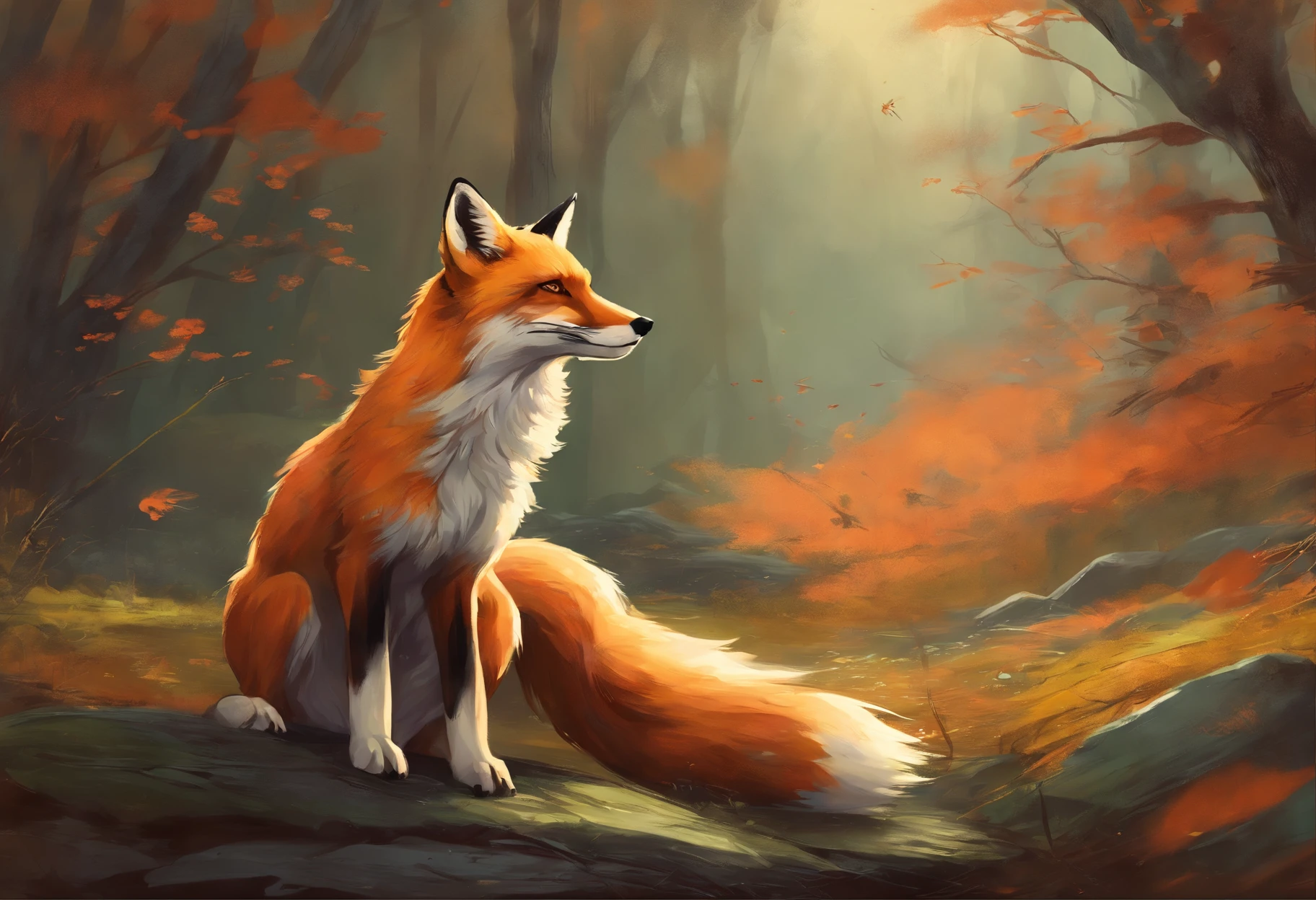 (a beautiful detailed painting,realistic:1.37),the quick brown fox,standing on its hind legs,gracefully leaping over the lazy dog,bathed in warm golden sunlight,flickering shadows enhancing the atmosphere,an enchanting forest as the backdrop,emerald green leaves fluttering gently in the breeze,accentuating the vibrant colors of the scene,an exhilarating sense of motion captured in the frozen moment,eyes fixated on the agile fox,drawn to its mesmerizing presence,the fox's fur meticulously rendered with intricate brushstrokes,showcasing its elegant orange coat,the dog lounging lazily on moss-covered ground,watches with a nonchalant expression,bright brown eyes reflecting curiosity rather than any hint of alertness,sunlight casting a gentle glow on its soft brown fur,adding warmth and tranquility to the composition,the contrast between the lively fox and the relaxed dog,creating a harmonious tension that captivates the viewer's attention,the painting evoking a sense of freedom,adventure,and the wonders of nature,inviting the audience to explore the beauty of the animal kingdom.