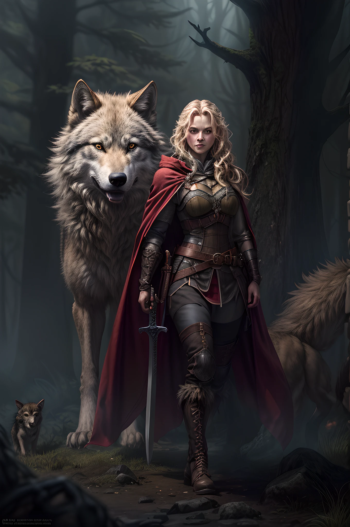 fantasy art, RPG art, Dark fantasy art, ultra wide shot, RAW, photorealistic, a picture of female human ranger and her wolf pet, the ranger, an exquisite beautiful human woman, long blond hair, braided hair, green eyes, wearing leather armor, wearing (red cloak: 1.1), armed with a (sword: 1.3), wearing laced boots, standing in a dark forest at night, (mist rising from the grounds: 1.3), a sense of dread and fear, yet she stands defiant and fearless, her wolf pet stands near her, protecting her, dark fantasy forest background, best quality, 16k, [ultra detailed], masterpiece, best quality, (ultra detailed), full body, ultra wide shot, photorealism