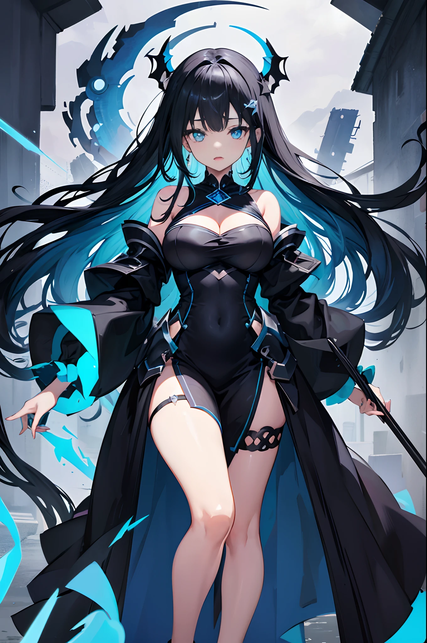 cropped shoulders、azure blue mixed black full dress、、Black and long hair、Blue eyes that glow、red iris, Crystal clear white skin、masterpiece, top-quality, optimum, offcial art, Beautiful and aesthetic、coquetry、very long hair、Dull hair、adolable, breasts cleavage、huge tits, idoly、Gradient pupils、transparent costume, intricate weapon scythe, black hair, colored inner hair, bangs, wavy hair, hairpin, gradient eyes, aqua eyes, open mouth, colored inner hair, modern, backlighting, drop shadow, silhouette, masterpiece, best quality, blue crystal hair ornament