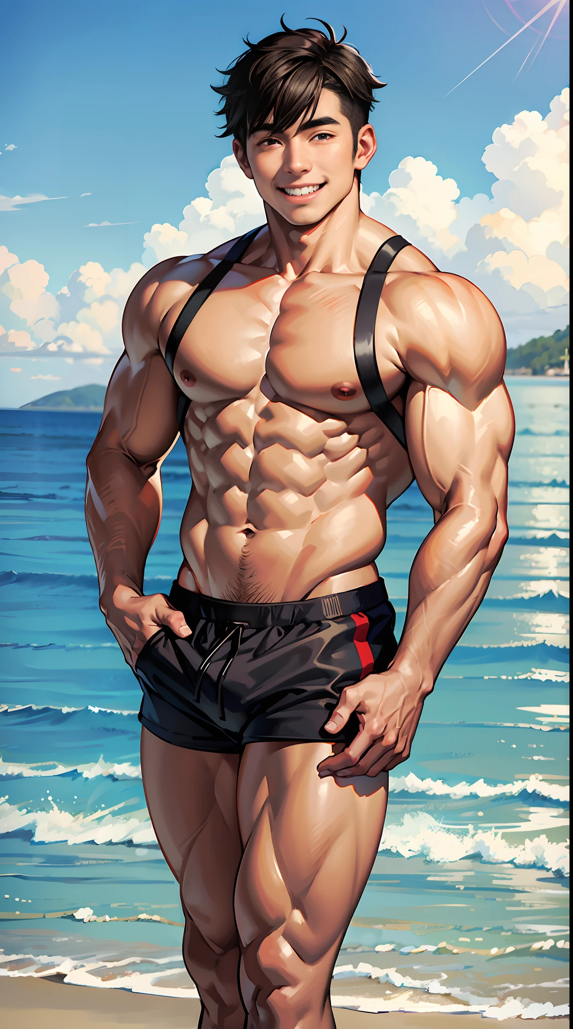 1 boy, 25years old,  muscle,  bodybuilder,  satoru gojo, smiling,  beach, looking at the viewer,