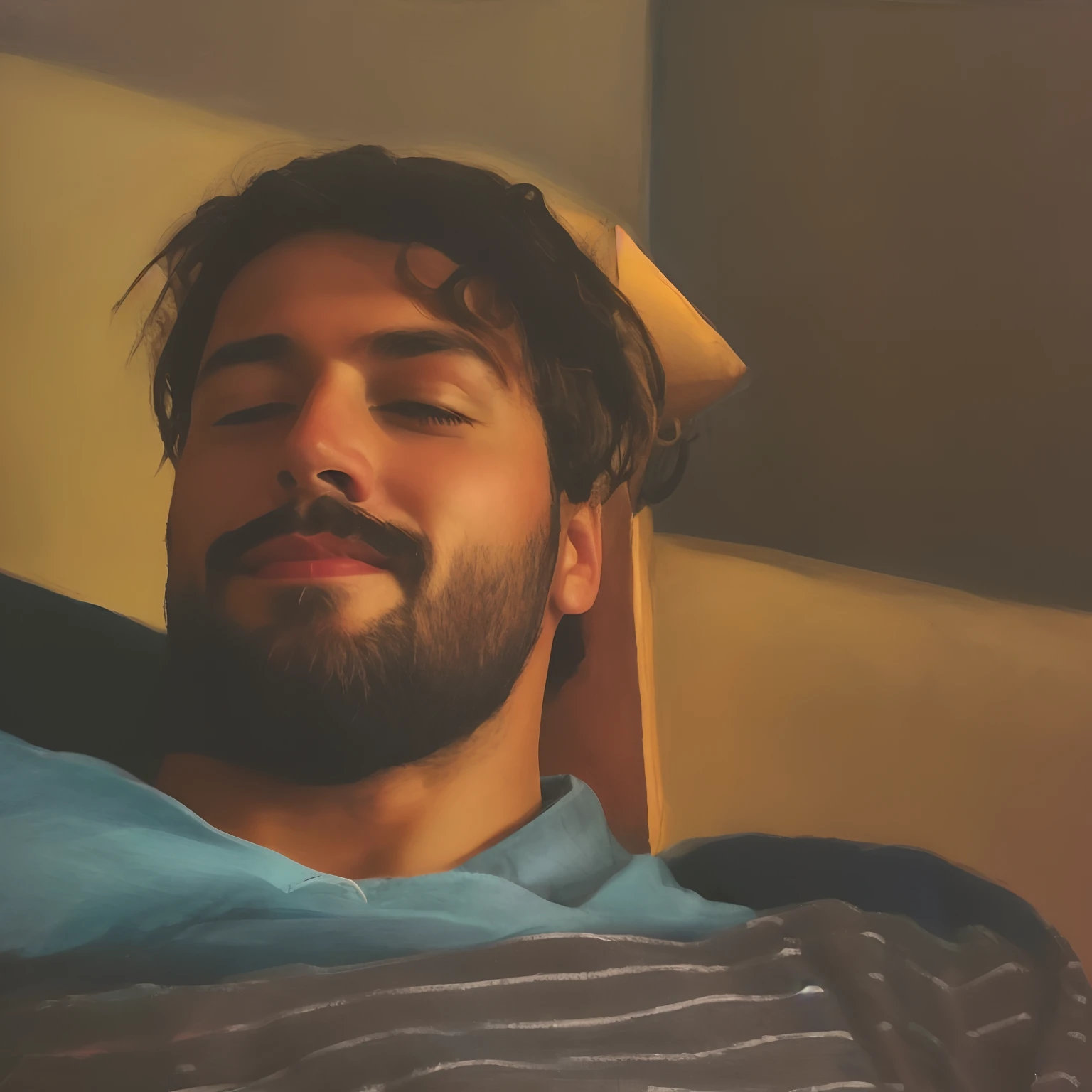 There's a man sitting on a couch with his eyes closed, entediado, imagem de qualidade muito baixa, Estrabismo, em torno de 1 9 anos, Com filtros do Instagram, com um sorriso derramando, bored expression, relaxing after a hard day, Amuando, imagem frontal, dessaturados!!, chilled out smirk on face, sweating, Assumiu o iPad, foto de perfil