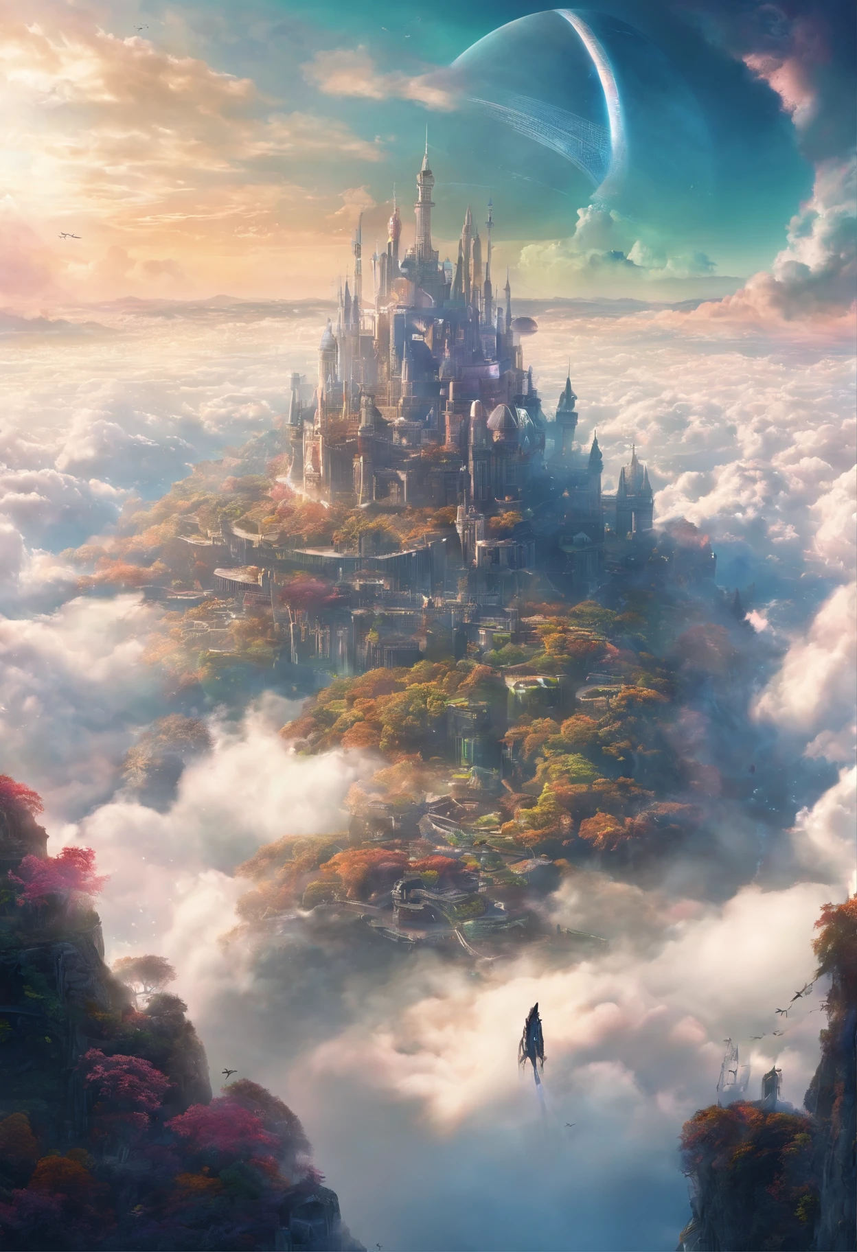 ((A vast world above the clouds:1.2)), (A large and magnificent castle in the center), A castle town in front of the castle, Airships flying around the castle, during daytime, The sky is clear,