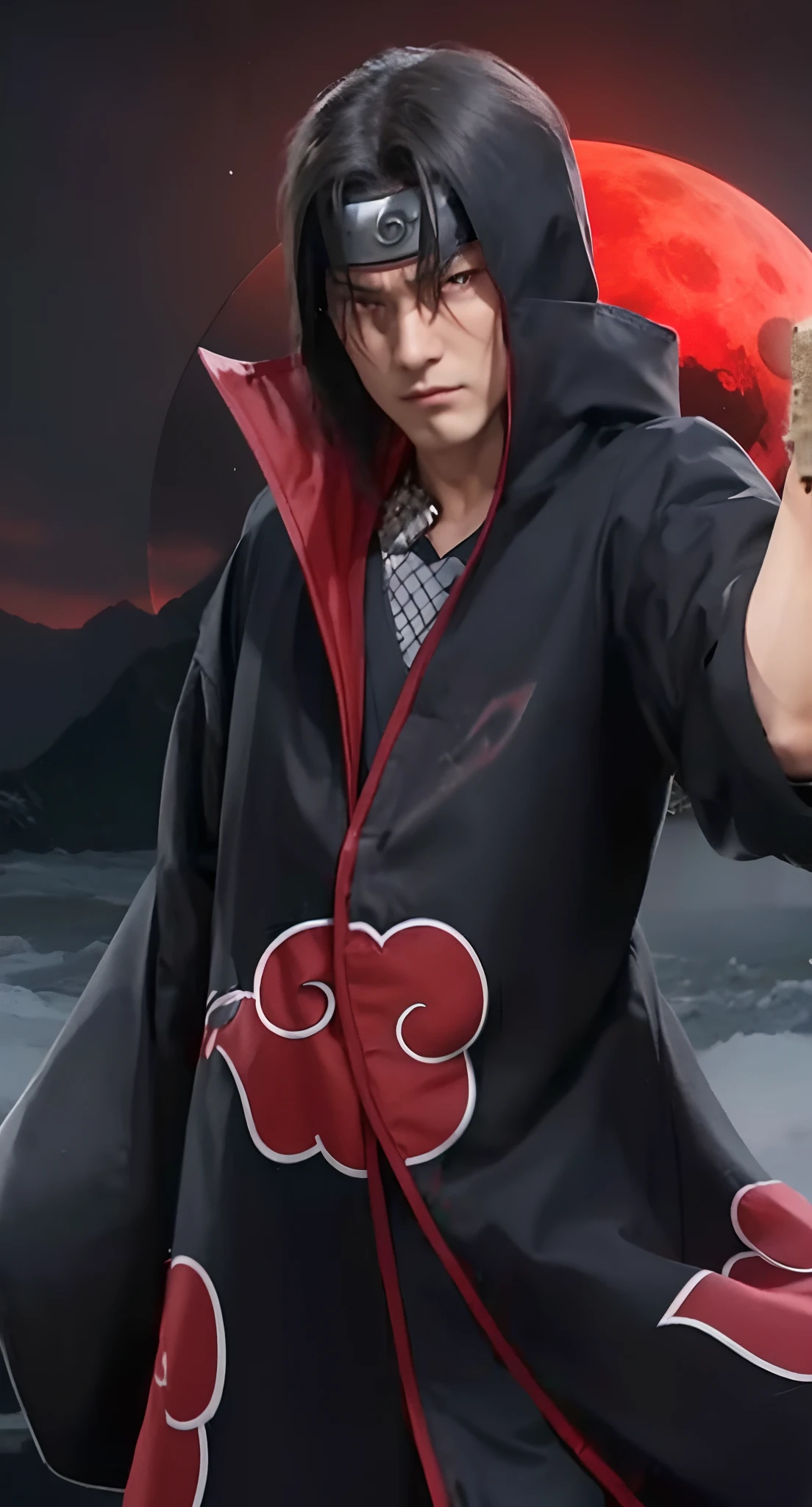 Real life adaption of this character, handsome face, villain expression, There are facial lines near his eyes,looking to viewer,realistic same hair , realistic same outfit ,(realistic same logo Akatsuki printed on his outfit), realistic red moon background on field, hyper realistic, realistic light, realistic shadow, realism,(photorealistic:1.2)