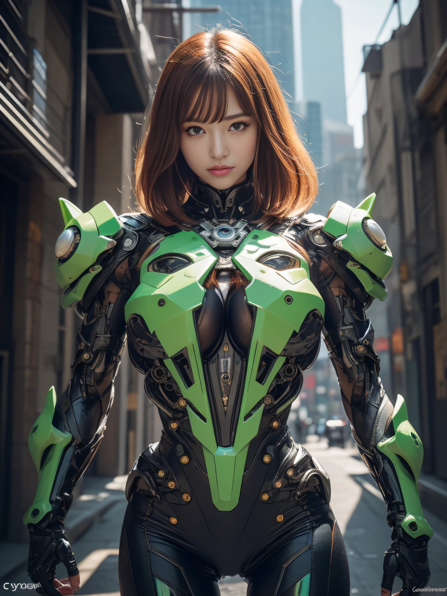 8k, top-quality, （pubic hair beauty）、hight resolution, 逼真, realperson、((​masterpiece)), ((top-quality)), (The ultra-detailliert), ((highly contrast)), (a high chroma), (Beautiful emerald green eyes), ((extremely delicate and beautiful)), (nice hand), ((perfect hand)), (Mechanical cyber city in the background), futuristic cities, 夏天, plein air, Girl on a motorcycle, Medium hair, red hairs, asymmetrical bangs, beautiful detailed Glass hair, blue eyess, tiny chest, mechanical suit, ((shiny body)), (very shiny body), Clear, jewely、ornament detached、a gorgeous、opulent、magnifica、Illumination scattered throughout the body、Illumination brilliance、Roberto、cyborgs、android、body suit、((huge tit、Chest valley、beauty legs))