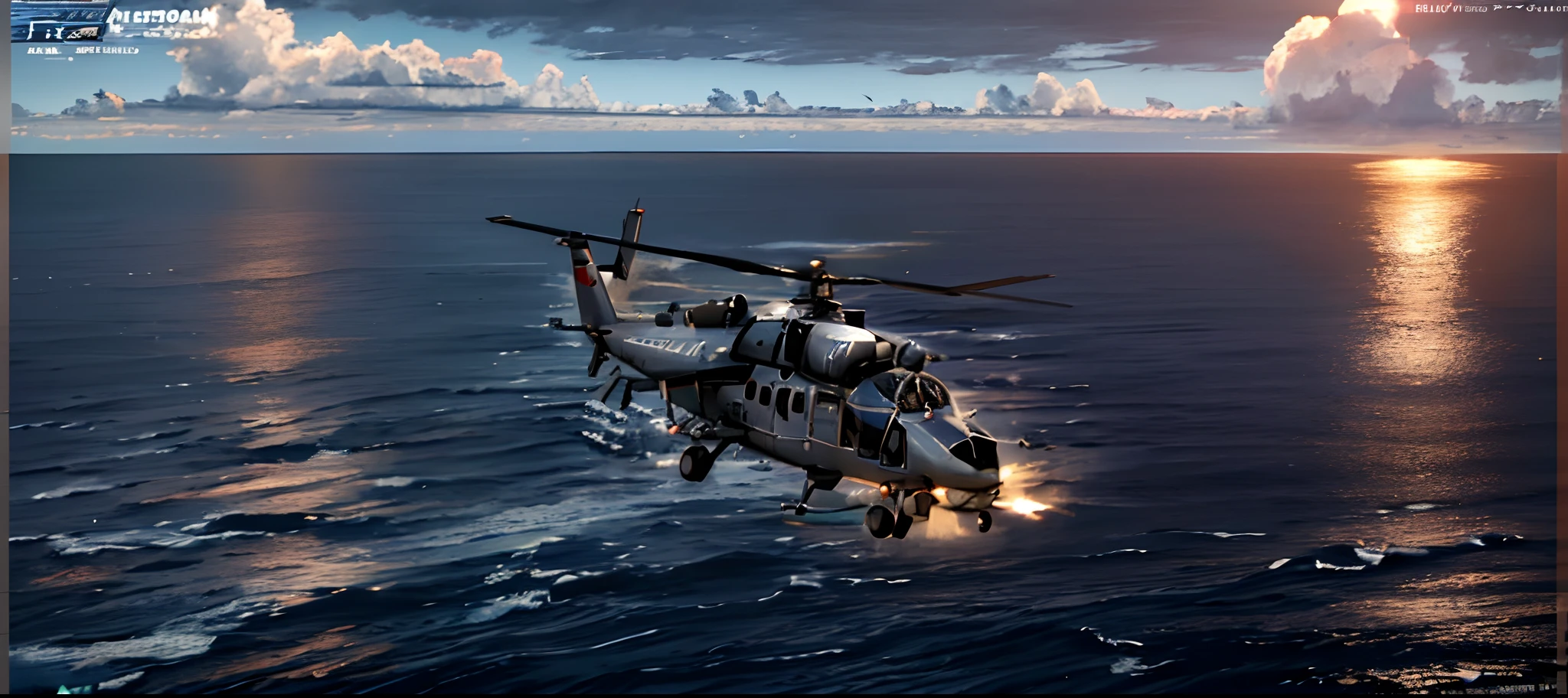 arafed helicopter flying over the ocean with a cloudy sky, dcs world style, dcs world, ssao 8 k, helicopters firing, gunship, helicopter, air support, rendered in arnold engine, [ 4 k photorealism ], arma 3, arma 3 screenshot, helicopters, high resolution ultradetailed, real aircrafts references, rendered in 32k huhd