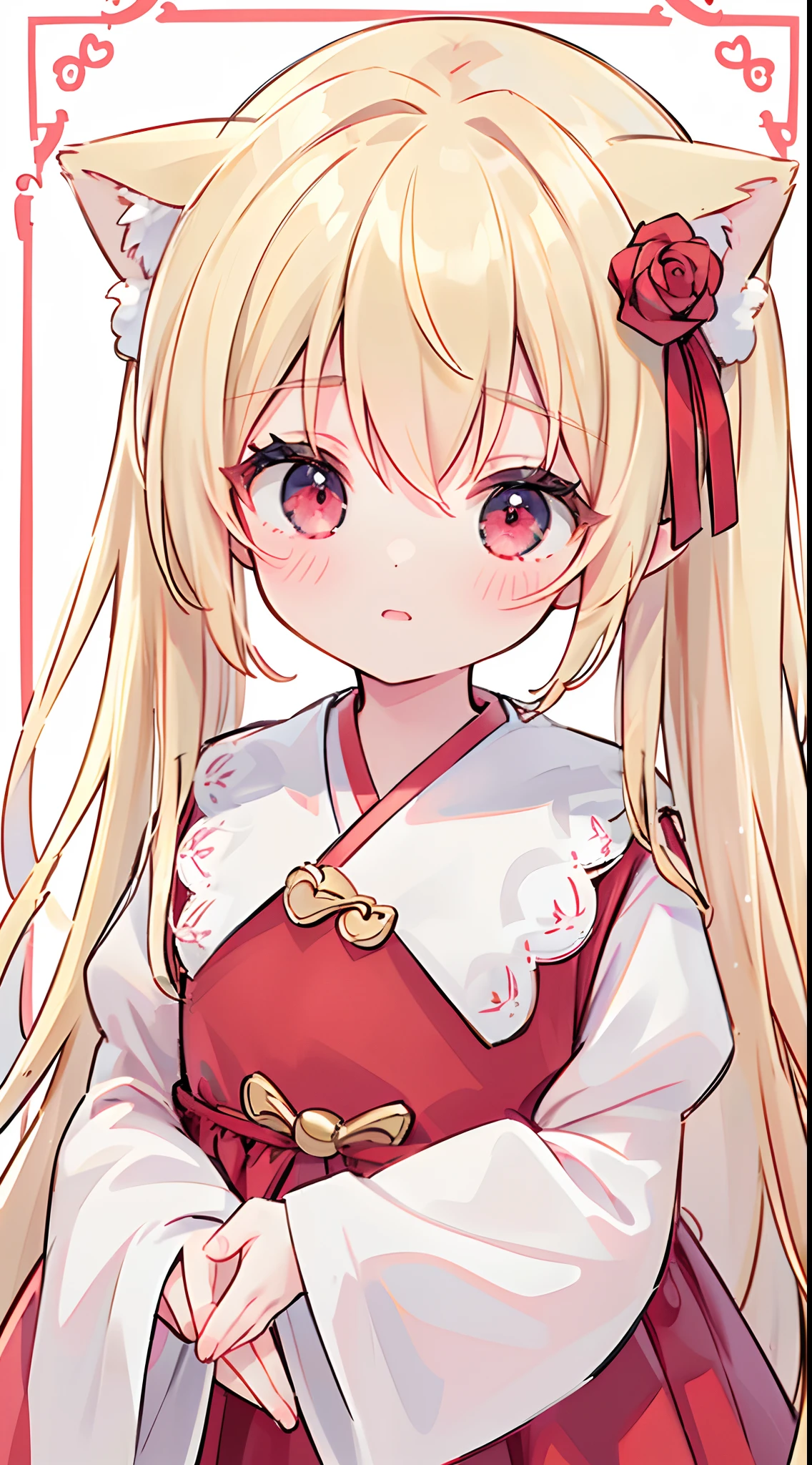 ((Top image quality,​masterpiece，8K，Best Quality))Chemo-eared,girl1,1人,cute little,Lori,Red rose clothes,a blond,Red eyes,Upper body only,Wolf ears