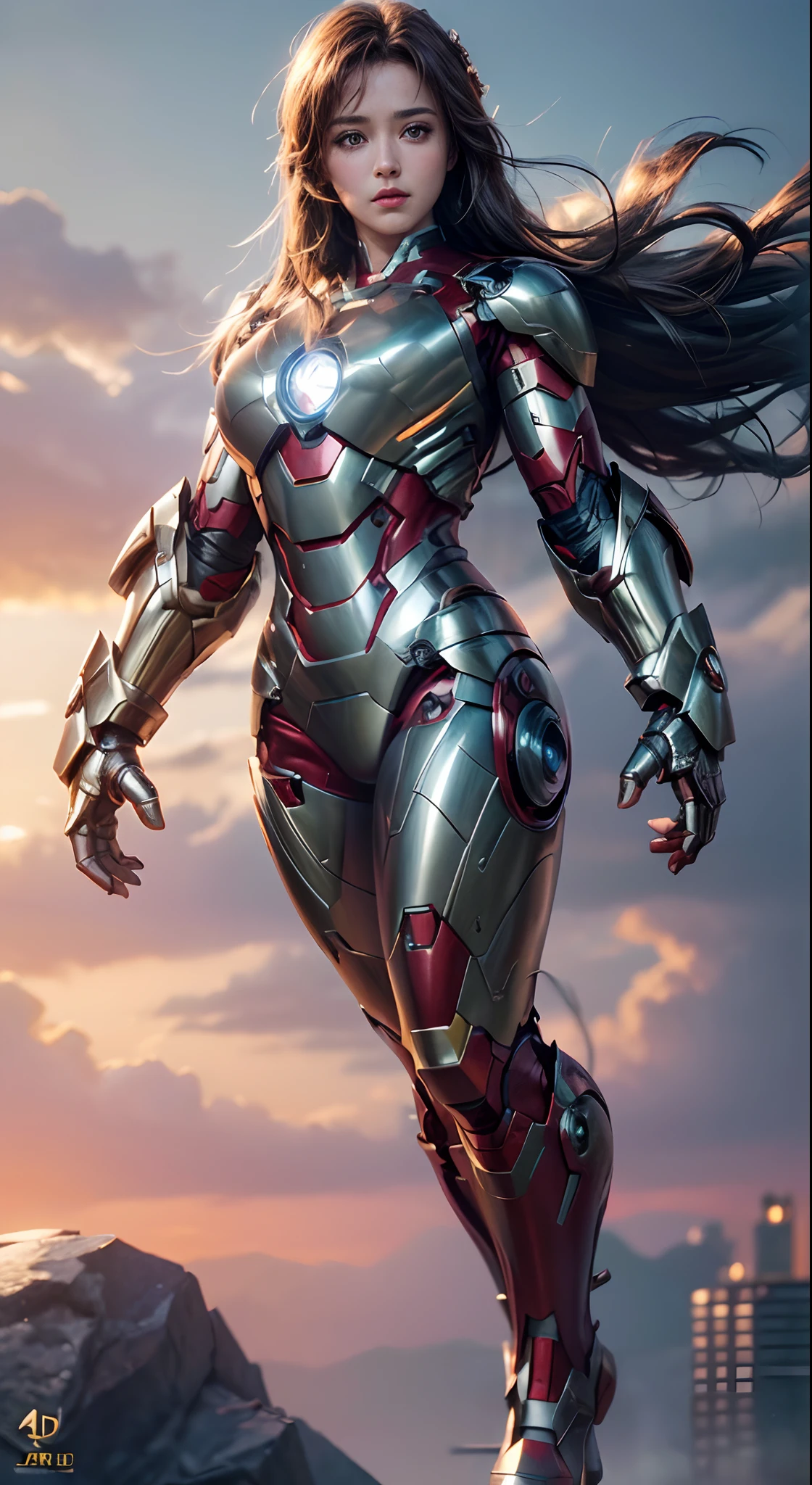 Realistic metal armor,Shiny metallic armor(Best quality,4K,8K,A high resolution,Masterpiece:1.2),Ultra-detailed,(Realistic,Photorealistic,photo-realistic:1.37)fly in sky,Girl Iron Man,Anti-Hulk armor,