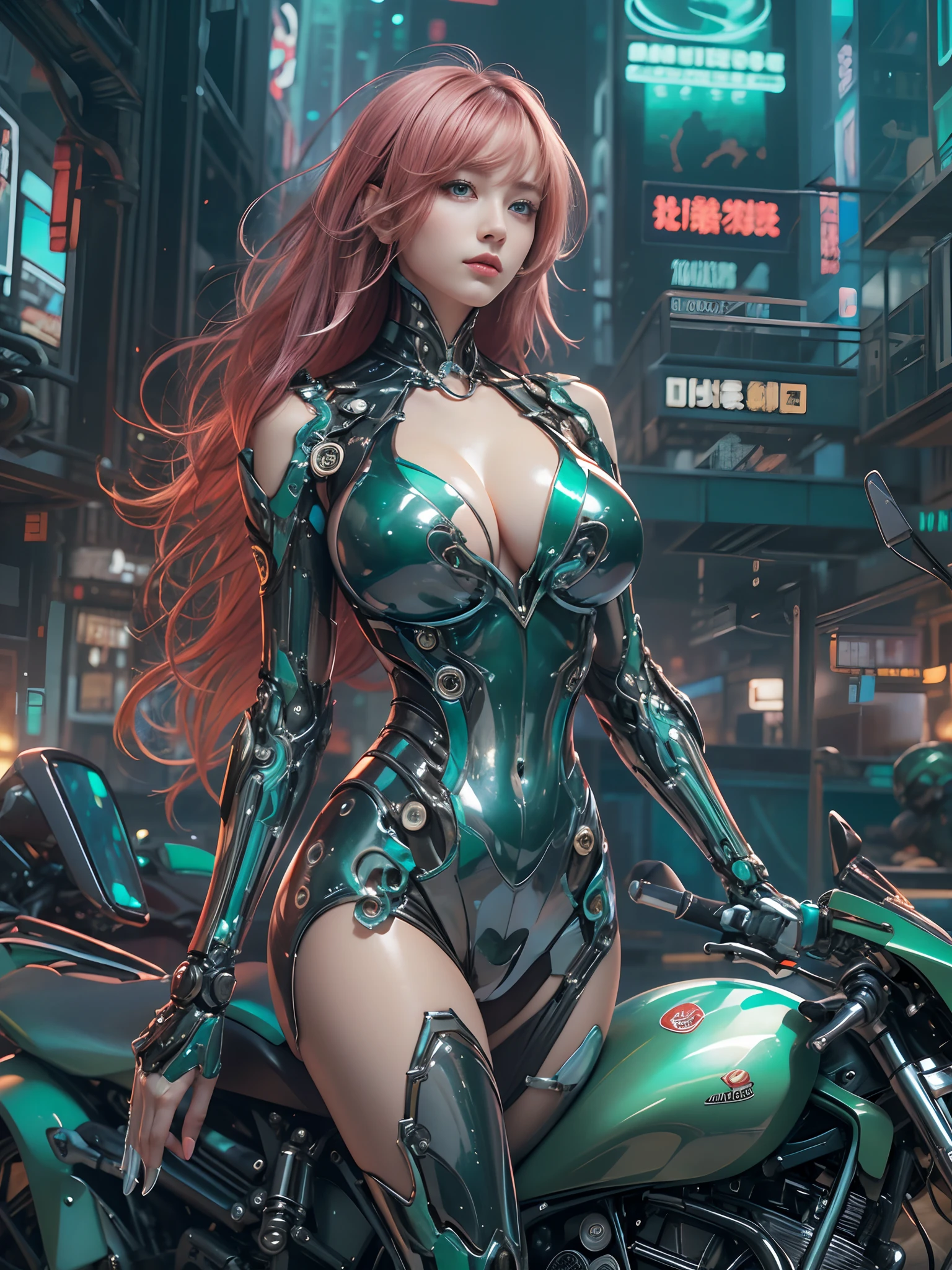 8k, top-quality, （pubic hair beauty）、hight resolution, 逼真, realperson、((​masterpiece)), ((top-quality)), (The ultra-detailliert), ((highly contrast)), (a high chroma), (Beautiful emerald green eyes), ((extremely delicate and beautiful)), (nice hand), ((perfect hand)), (Mechanical cyber city in the background), futuristic cities, 夏天, plein air, Girl on a motorcycle, Medium hair, red hairs, asymmetrical bangs, beautiful detailed Glass hair, blue eyess, tiny chest, mechanical suit, ((shiny body)), (very shiny body), Clear, jewely、ornament detached、a gorgeous、opulent、magnifica、Illumination scattered throughout the body、Illumination brilliance、Roberto、cyborgs、android、body suit、((huge tit、Chest valley、beauty legs))