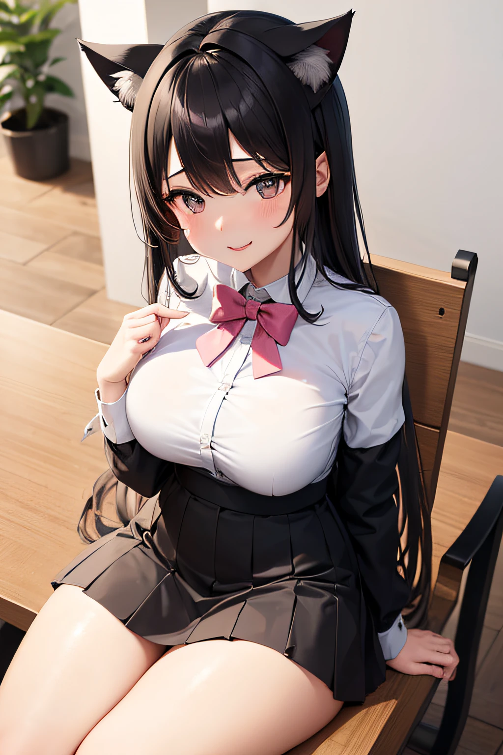 1girl, medium height, black eyes, cat ears, pink long, thick thighs, sitting on a chair, sexy smile, white panty, wearing tight white school uniform, short black skirt, medium size breast, slim waist, perfect fingers, 5fingers, HD, high res, looking at viewer, high quality