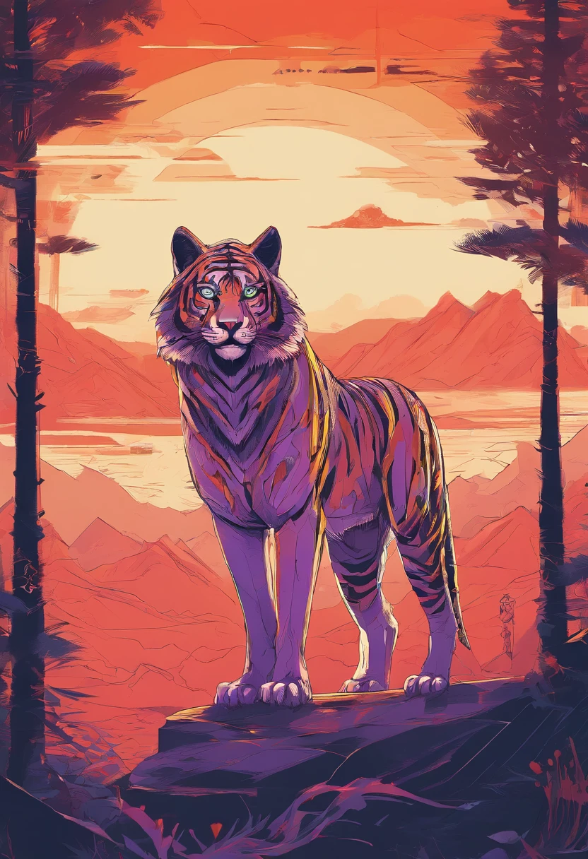 A tiger in human form stands majestically in front of the beautiful sunset. Warm light illuminates its intricate features, Accentuate the delicate fur pattern and flattering eyes. The wolf's posture exudes confidence and grace, It holds its head high,The breeze blows its fur. The scene is rendered with a mesmerizing light wave effect, Create a fantastic atmosphere. The overall image is very detailed, A complex game that showcases the fine textures of wolf fur as well as shadows and light.