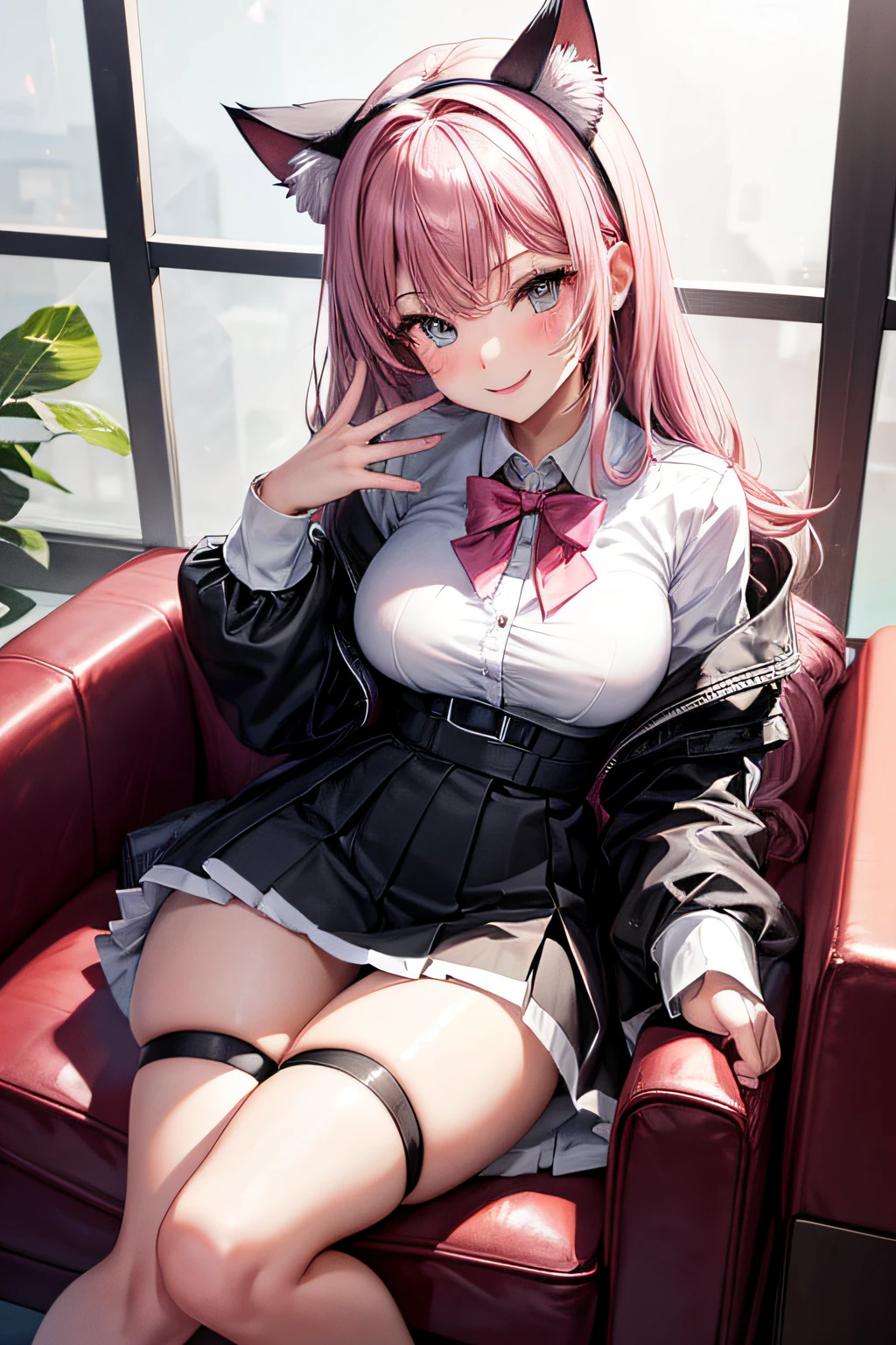 1girl, medium height, black eyes, cat ears, pink long, thick thighs, sitting on a chair, sexy smile, white panty, wearing tight white school uniform, short black skirt, medium size breast, slim waist, perfect fingers, 5fingers, HD, high res, looking at viewer, high quality