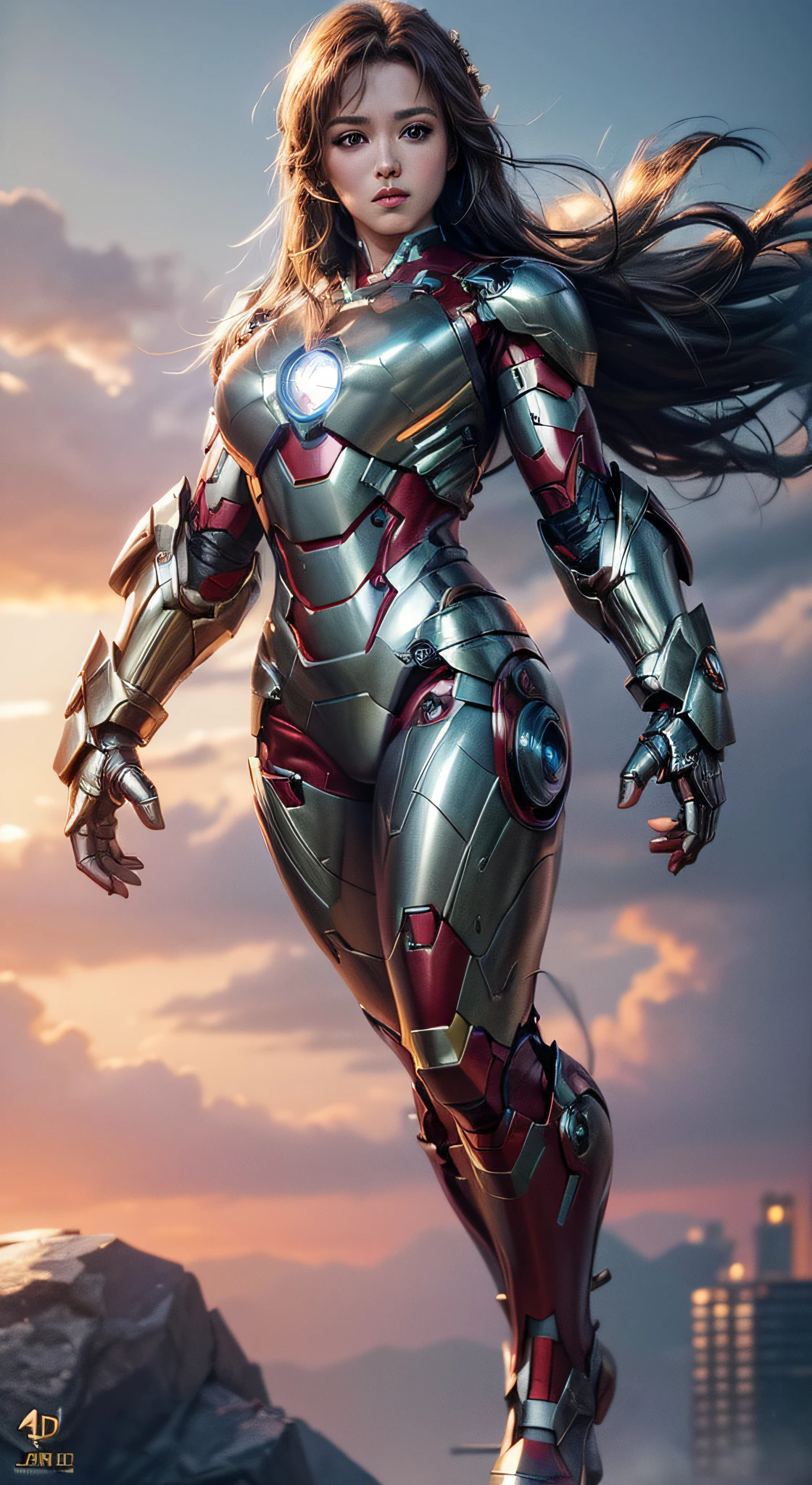 Realistic metal armor,Shiny metallic armor(Best quality,4K,8K,A high resolution,Masterpiece:1.2),Ultra-detailed,(Realistic,Photorealistic,photo-realistic:1.37)fly in sky,Girl Iron Man,Anti-Hulk armor，