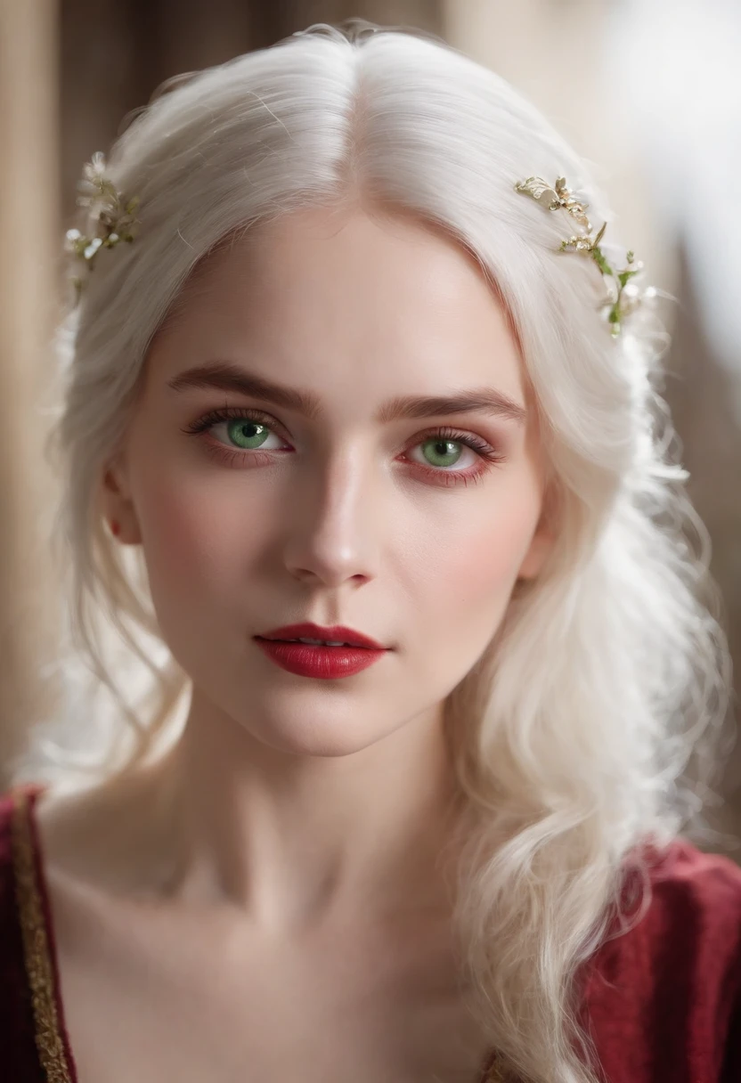 (((a deep reddish wound crosses her left cheek))) fair complexion, woman around 19 years old, natural white hair, distinctive green eyes, wearing kohl, slender and graceful, beautiful, candlelight in a medieval setting, ultra sharp focus, realistic shot, medieval female clothes, tetradic colors (scar:1.4)