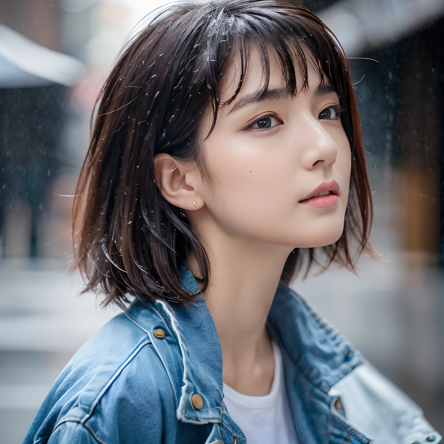 ((Best Quality, 8K, Masterpiece: 1.3)), Sharp: 1.2, Perfect Body Beauty: 1.4, Slim Abs: 1.2, ((Layered Hairstyle, Big Breasts: 1.2)), (Wet White Button Long Shirt: 1.1), (Rain, Street: 1.2), Wet: 1.5, Highly detailed face and skin texture, detailed eyes, double eyelids, side face looking at the camera