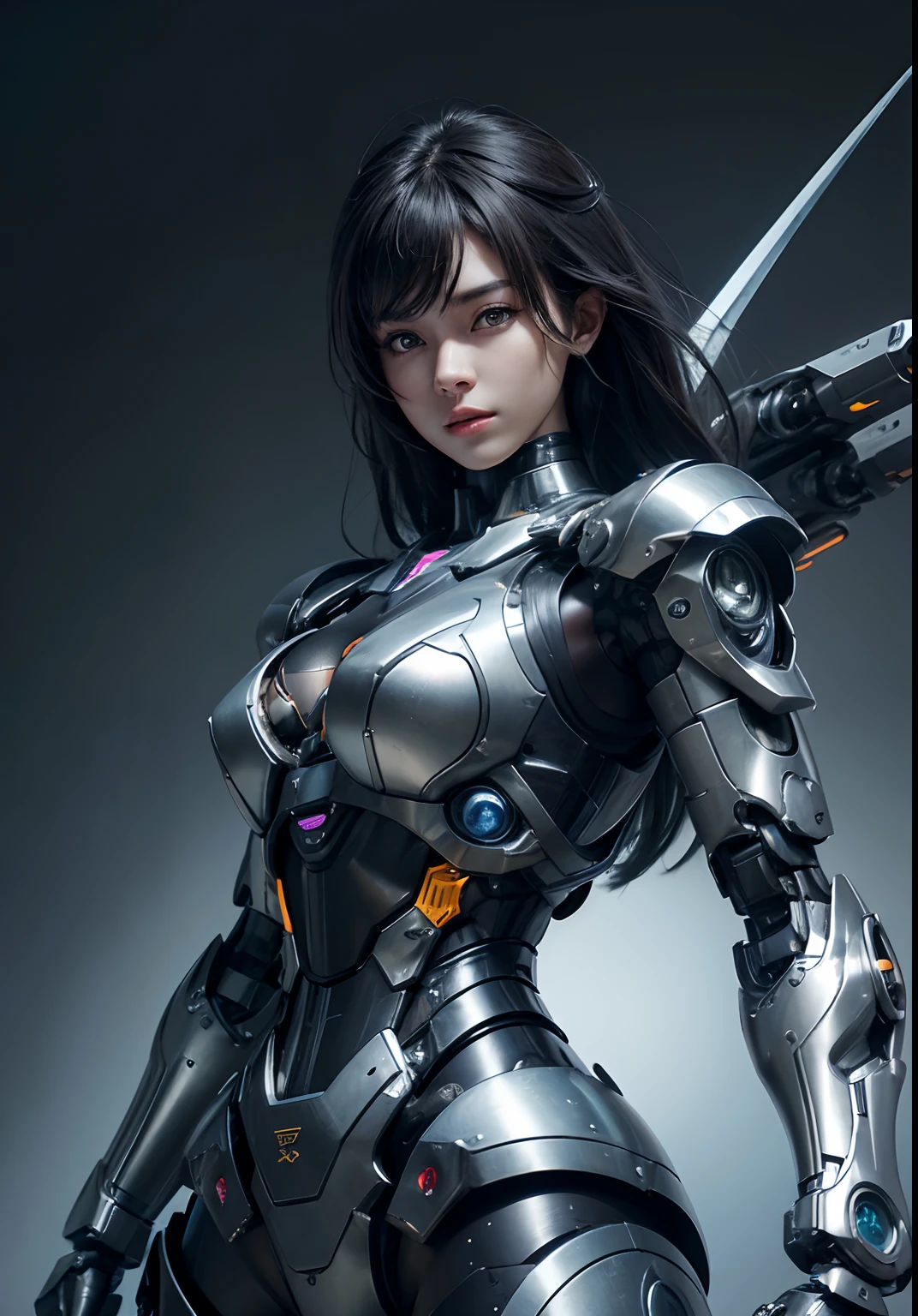 japanese girl head, shoulders, chest and belly. robot arms, hips and legs, metal bra with cleavage and flat belly, shoulder armor, hip armor, extremely pretty and feminine, , slender figure, full hips, sharp image, gallery quality, illustration, award winning, highest quality, bokeh, science fiction background, fantasy, RGB glowing trim on outfit, detailed shadows, intricate robotic details, detailed hair, hair blowing in wind, dark brown hair