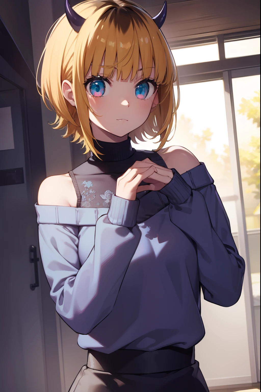 memcho, memcho, blonde hair, blue eyes, blunt bangs, demon horns, fake horns, horns, short hair,
BREAK bare shoulders, black skirt, (blue sweater:1.5), long sleeves, off shoulder, off-shoulder sweater, puffy sleeves, skirt, sweater, white ribbon,
BREAK looking at viewer,
BREAK indoors,
BREAK (masterpiece:1.2), best quality, high resolution, unity 8k wallpaper, (illustration:0.8), (beautiful detailed eyes:1.6), extremely detailed face, perfect lighting, extremely detailed CG, (perfect hands, perfect anatomy),