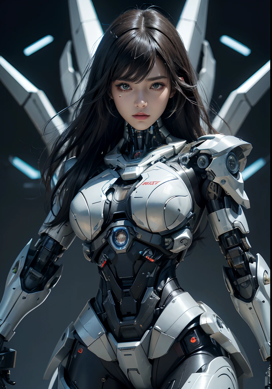 Textured skin, Super Detail, high details, High quality, Best Quality, hight resolution, 1080p, hard disk, Beautiful,(cyborgs),beautiful cyborg woman,Mecha Cyborg Girl,Battle Mode,Girl with a Mecha Body,She wears a battle cyborg mech with a weapon,Fulll body Shot