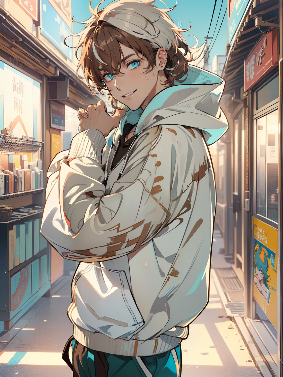 ((highest quality, masterpiece, 4k, finely detailed, detailed eyes, detailed face, gelbooru, pixiv)), warm lighting, ((solo)), 1 male, handsome, masculine, adult male, broad shoulders, closeup of face, portrait, smiling, ((lazy eyes, half-lidded, wearing modern clothing, hoodie with a logo, sweatpants, standing, , ((brown hair with white streaks, medium length hair, shaggy hairstyle, messy hair)),(cyan eyes)