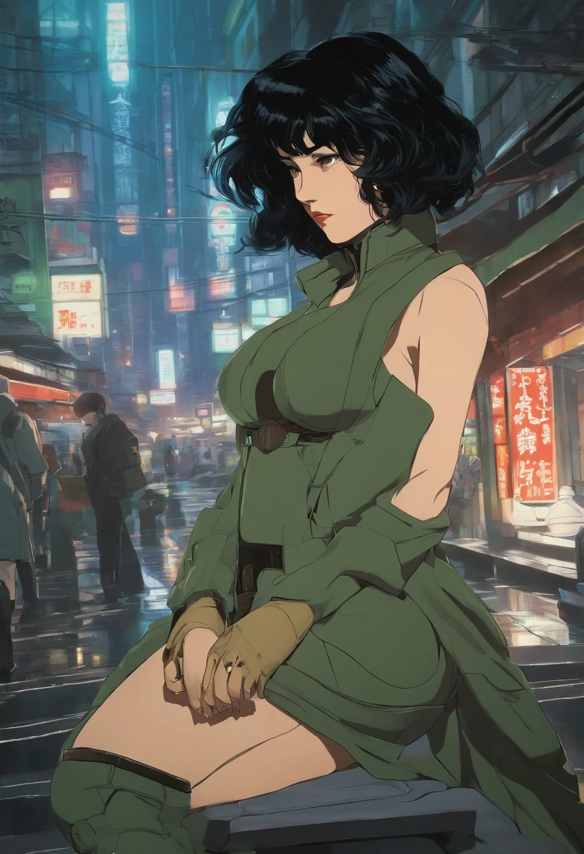 Ghost in the shell in the 90s retro anime style, droid, sci-fy, Futuristic, surrealism, akira style, Installed, detailed line art, Fine details, Greg Rutkowski Makoto Shinkai Key Art of Kyoto Animation Female gaze-level shot