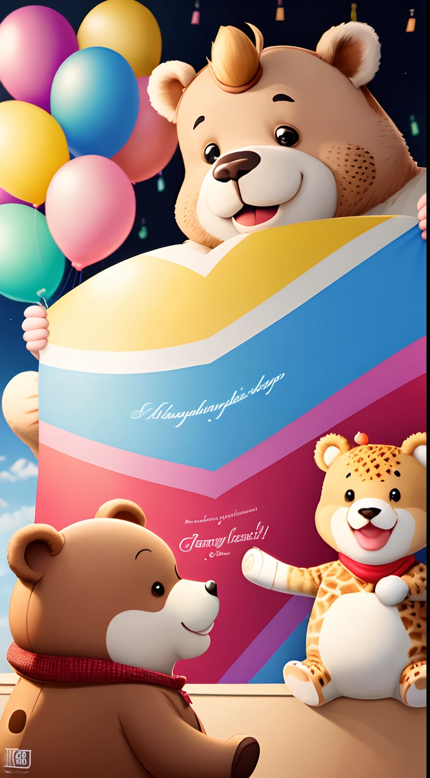 The cartoon style invitation card has a cheerful and colorful atmosphere. In the foreground is a friendly bear with a big smile. Links von ihm steht ein verspielter Elefant, holding a balloon, und rechts von ihm steht eine hohe Giraffe mit einem Partyhut. Im Hintergrund sind bunte Luftballons und ein Geburtstagsbanner mit der Aufschrift "Herzliche Einladung zum Geburtstagsfest!" dargestellt. Die Karte ist in lebendigen Farben gestaltet, to convey a cheerful mood.