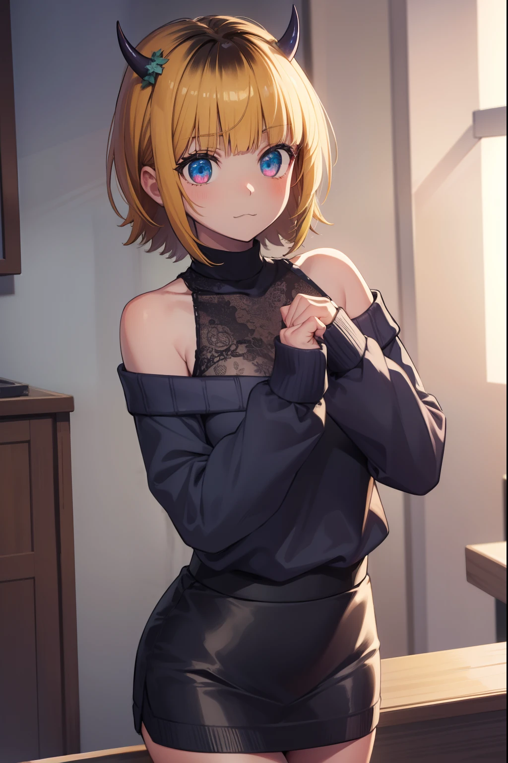 memcho, memcho, blonde hair, blue eyes, blunt bangs, demon horns, fake horns, horns, short hair,
BREAK bare shoulders, black skirt, (blue sweater:1.5), long sleeves, off shoulder, off-shoulder sweater, puffy sleeves, skirt, sweater, white ribbon,
BREAK looking at viewer,
BREAK indoors,
BREAK (masterpiece:1.2), best quality, high resolution, unity 8k wallpaper, (illustration:0.8), (beautiful detailed eyes:1.6), extremely detailed face, perfect lighting, extremely detailed CG, (perfect hands, perfect anatomy),