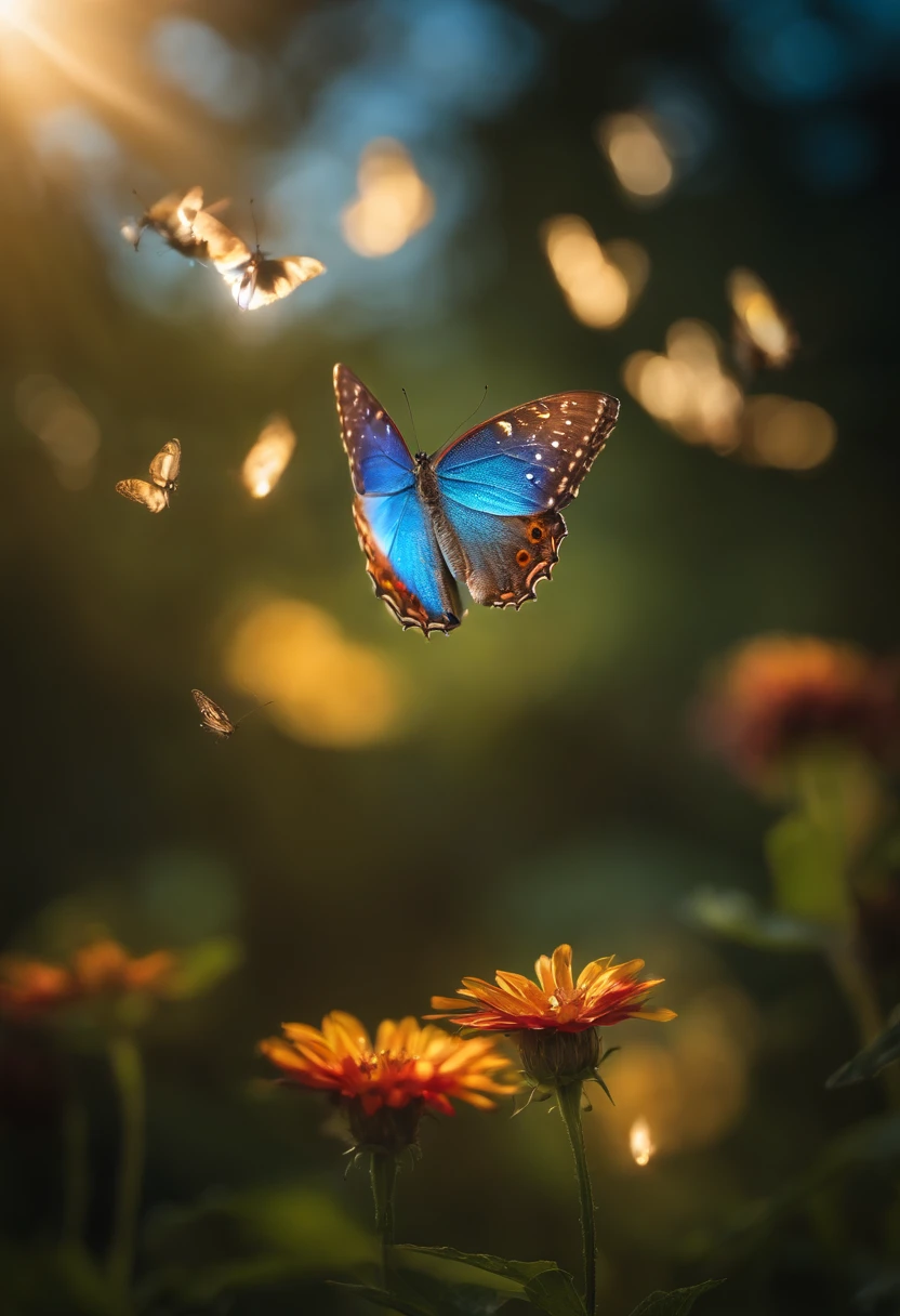 A photo captures butterflies fluttering in a rainbow-colored sky. The butterflies interact with the sun rays, appearing as shining creatures floating in the sky. Among them is a shining blue butterfly. The scene is lit with butterfly lighting and a shining halo, casting an amazing light. The butterflies are in flight, surrounded by a shining halo. This is one of the most beautiful images ever created, filled with heavenly light and beautiful light. Rainbow fireflies add to the scene's beauty. The scene is illuminated with heavenly lighting.