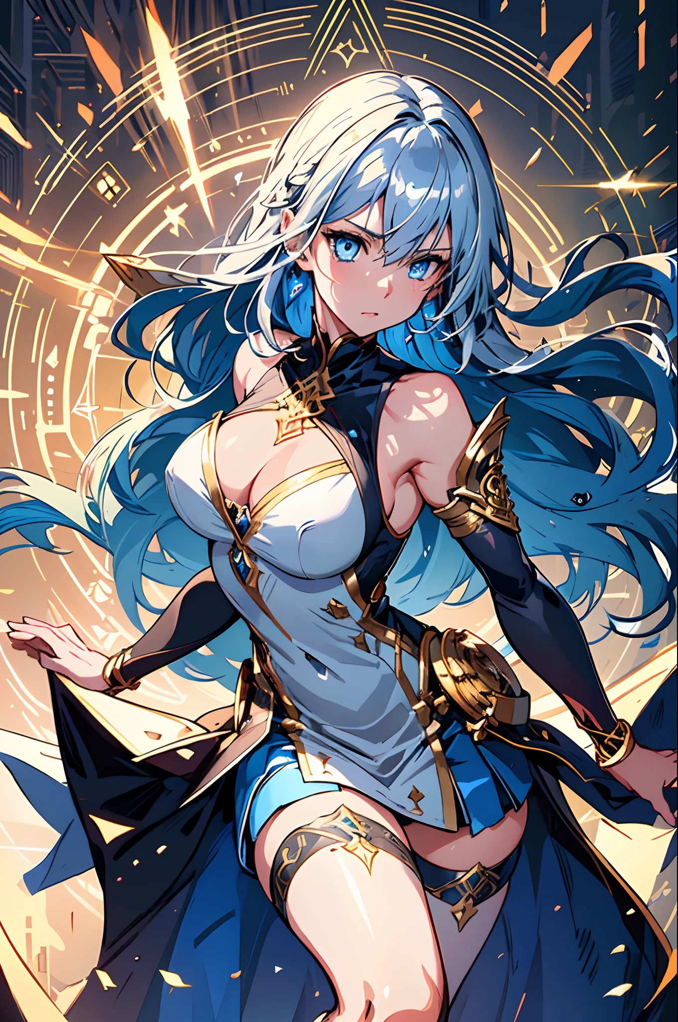 highres, highest quality, illustration, ultra detailed, (detailed face), (detailed eyes), cinematic lighting, best quality, hyper detailed, masterpiece, 1girl, solo, long hair, blue-streaked silver hair, blue eyes, (long blue color female knight dress), chest armor, sleeveless, bare shoulder, white color detached handsock, ornamental gold bracelet, white skirt, black high thigh stocking, ruins, serious look, luminous eyes, big breasts, light rays, (colorful), head to thigh, magic circles, exquisite fantasy outfit design, dynamic angle, dynamic pose