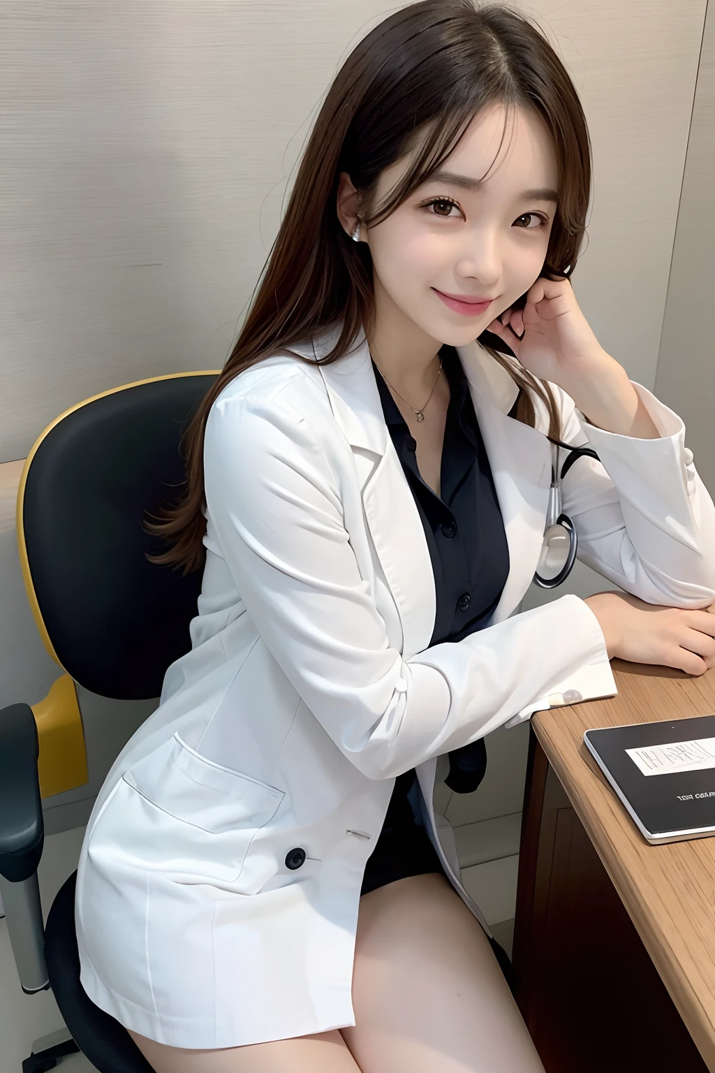 Female doctor in white coat、1Man Woman、(Smile Face:1.1)、Slim Face、The most beautiful women in the world、hyperdetailed face、Detailed eye、二重まぶた、Kamimei、perfect teeth、Perfect tooth alignment、(glistning skin)、(sun-kissed skin)、(real looking skin)、Blurred background、full body Esbian、frontage、Slim Face、Brightly colored clothing、Sit in a chair in the exam room、Wear a stethoscope、From above、a miniskirt、beautiful hairl、I can see the cleavage、Full Body Pose、(pureerosface_v1:0.8)、a small face、ssmile、A sexy、hide one's hands