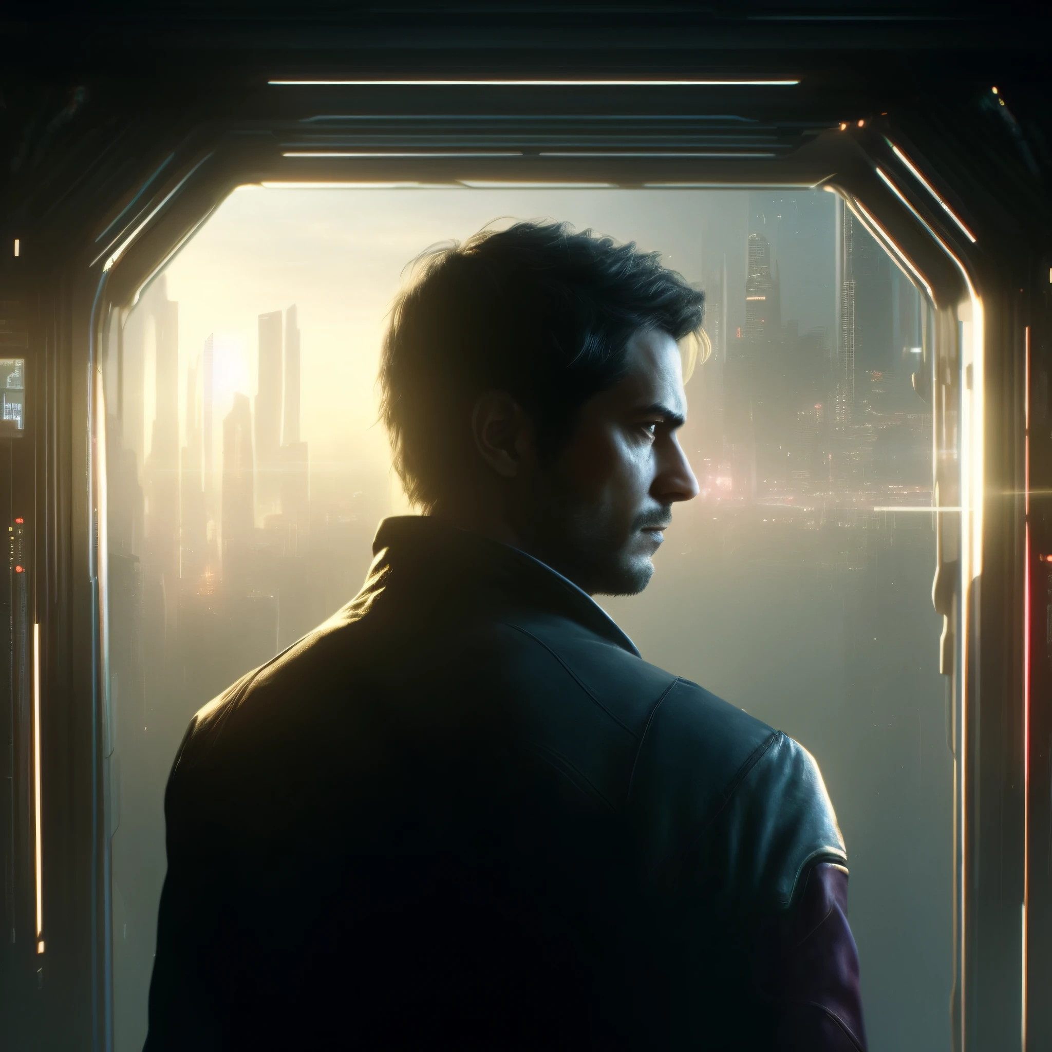 arafed man looking out of a window in a futuristic city, altered carbon style, altered carbon, altered carbon series, in front of a sci fi cityscape, star citizen digital art, star citizen, in a scifi movie, star citizen origin 100i, depicted as a scifi scene, cinematic scifi shot, dystopian sci-fi character