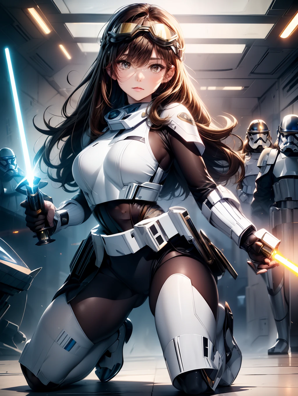 Best Quality, masutepiece, beautiful mature women、Beautiful face、Strong-minded woman、brown haired、(Brown-eyed、Bangs are asymmetrical)、Longhaire、Undersized eyes、Full body like、(((body suit)))、(((hero、Put goggles over your head、lightsaber)))、(((Warp Gate、mirai、Aura of Light;1.5)))、StarWars