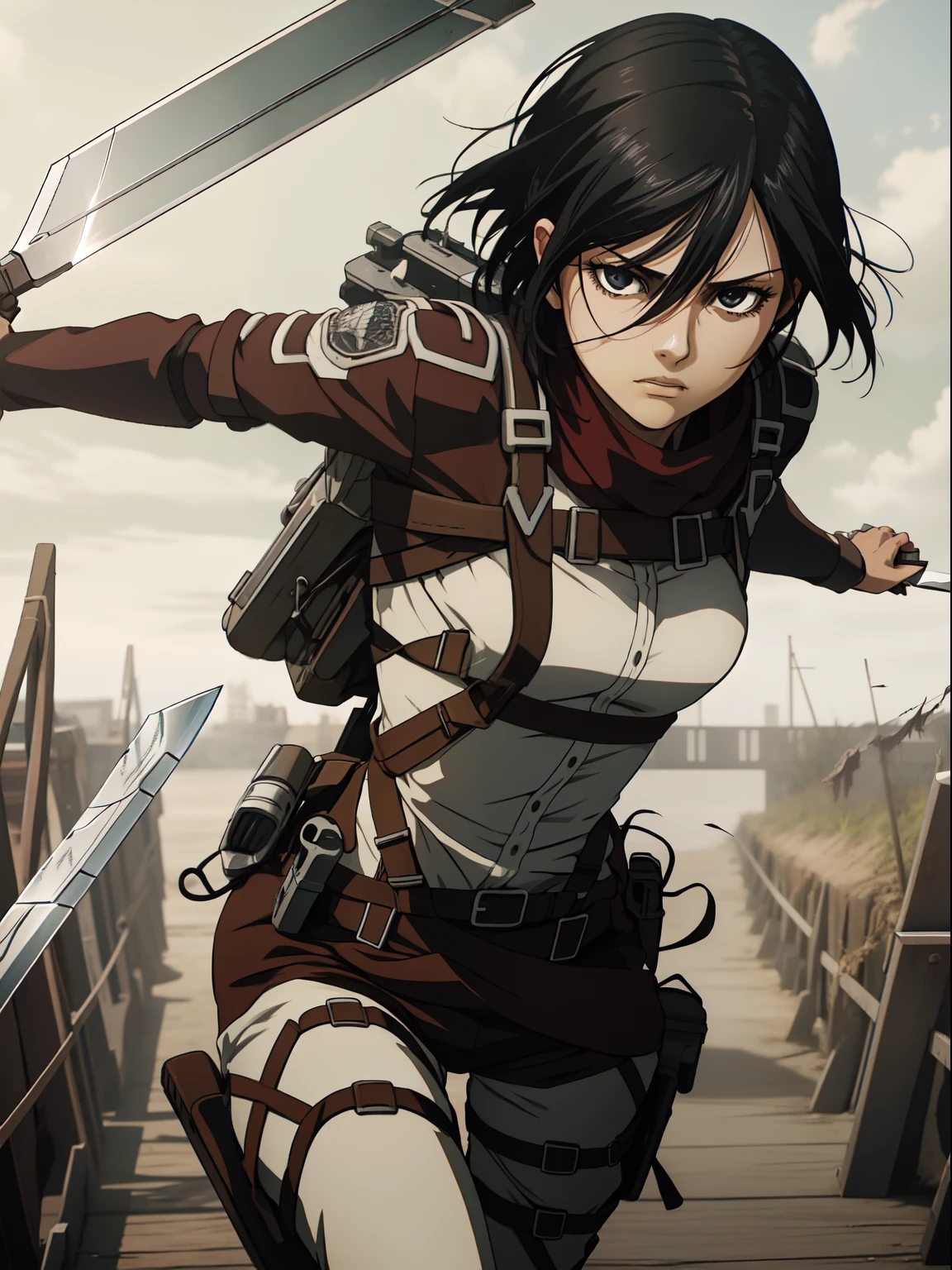 1girll, Solo, (Masterpiece), Best quality, Ultra-detailed, mikasa ackerman,In battle，Wield a knife