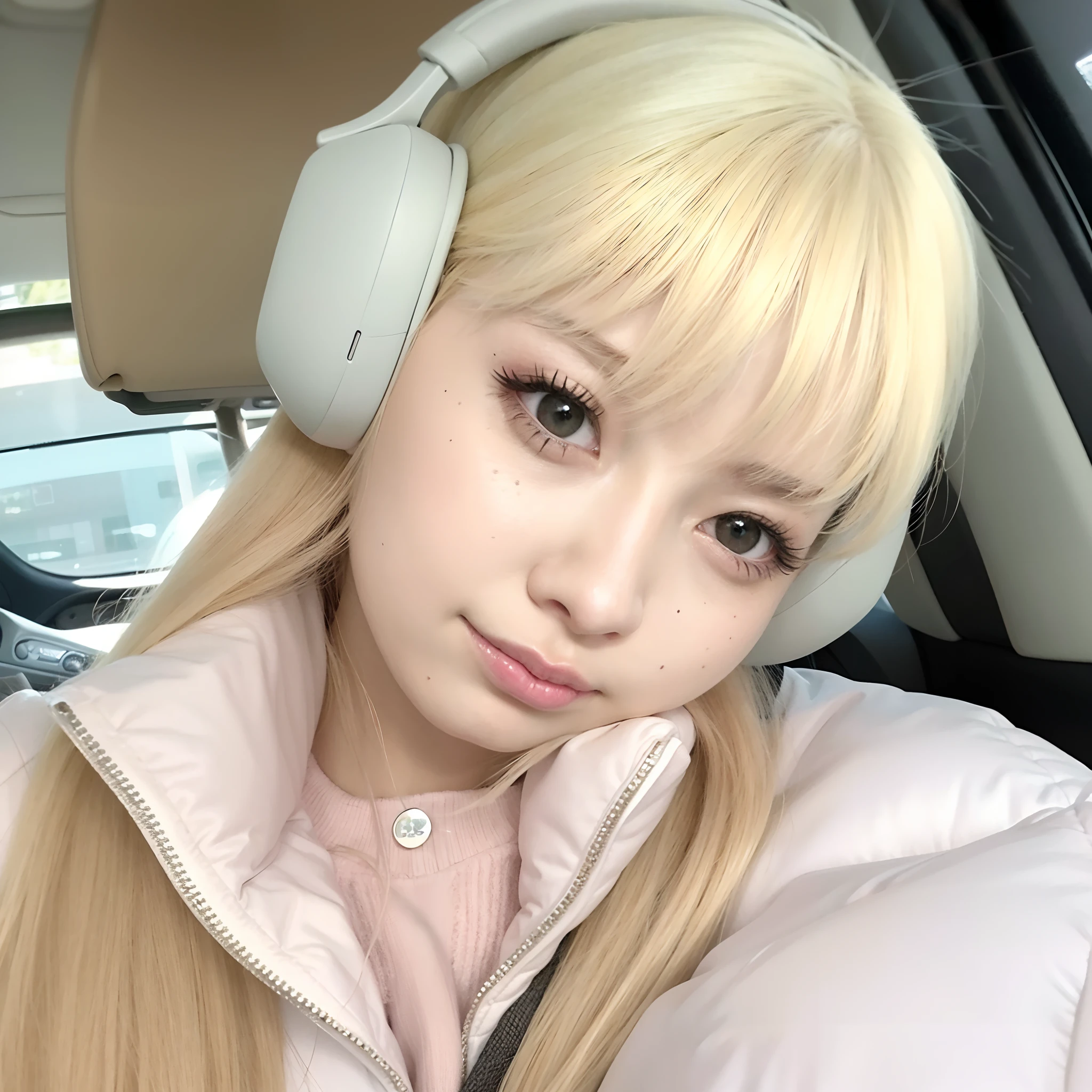 Menina loira com fones de ouvido no carro com jaqueta rosa, Lalisa Manobal, Lalisa Manoban do Blackpink, Parque Roseanne do Blackpink, jossi do blackpink, Ulzzang, Jaeyeon Nam, longos cabelos brancos e franja, franja branca, Jinyoung Canela, her hair is white, Retrato de Jossi de Blackpink, branco hime corte penteado