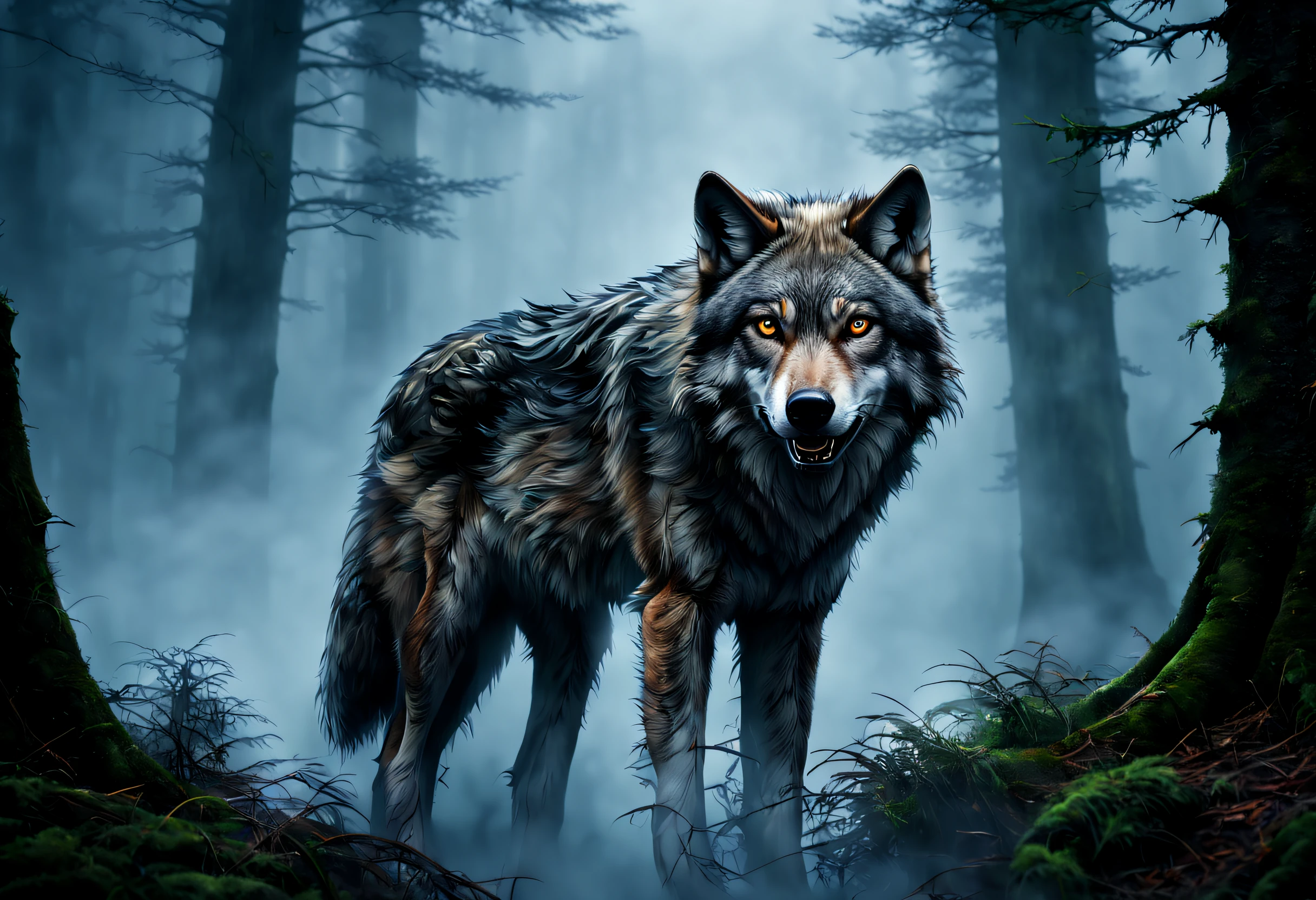 (best quality, 4k, 8k, high resolution, masterpiece: 1.2), ultra detailed (realistic, photorealistic, photorealistic: 1.37), a wolf emerges from the forest wrapped in fog, baring its fangs, has a piercing gaze (there are many fog: 1.42) The trees in the background are tall. The background is cloudy and the colors are dull. It's a disturbing image in Tolkien style.
