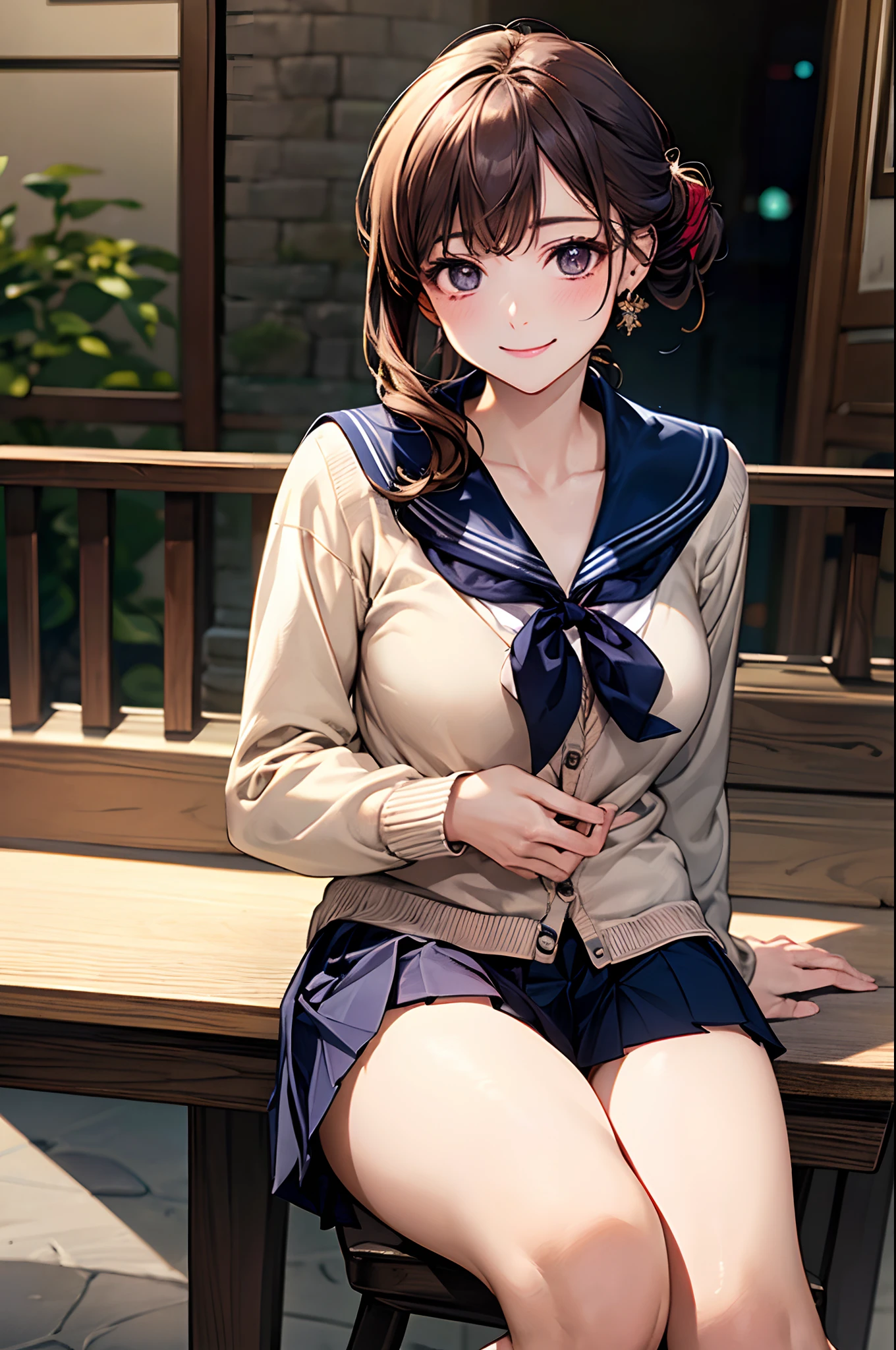 (((open clothes:1.3,areola,bare breasts:1.4,bare nether region:1.5,bare navel,unclad))),photo,hyper realistic,in 8K,masterpiece,dynamic angle,acrobatic posing,professional lighting,high quality,high resolution,detailed background,18yo:1.2,detailed black eyes:1.1,best hands:1.2,facing forward,pefect anatomy,correct anatomy,character focus,(1 cute girl:1.2,public hair:1.6,small chest:1.3, long sleeve costume:1.2),(wearing knee socks with ribbon:1.3),((Inside crowded coffee shop:1.5)),counter table,sit on a chair:1.2,spread legs wide:1.5),slim,skinny,shorty,small body,tiny,skinny,slim,glistening skin,having fun,smile,JK Pussy Wedgie,ClearHandsXL,towanewyears, (single braid), (checkered kimono), japanese clothes, fishnet gloves, purple bow, (hair flower)
