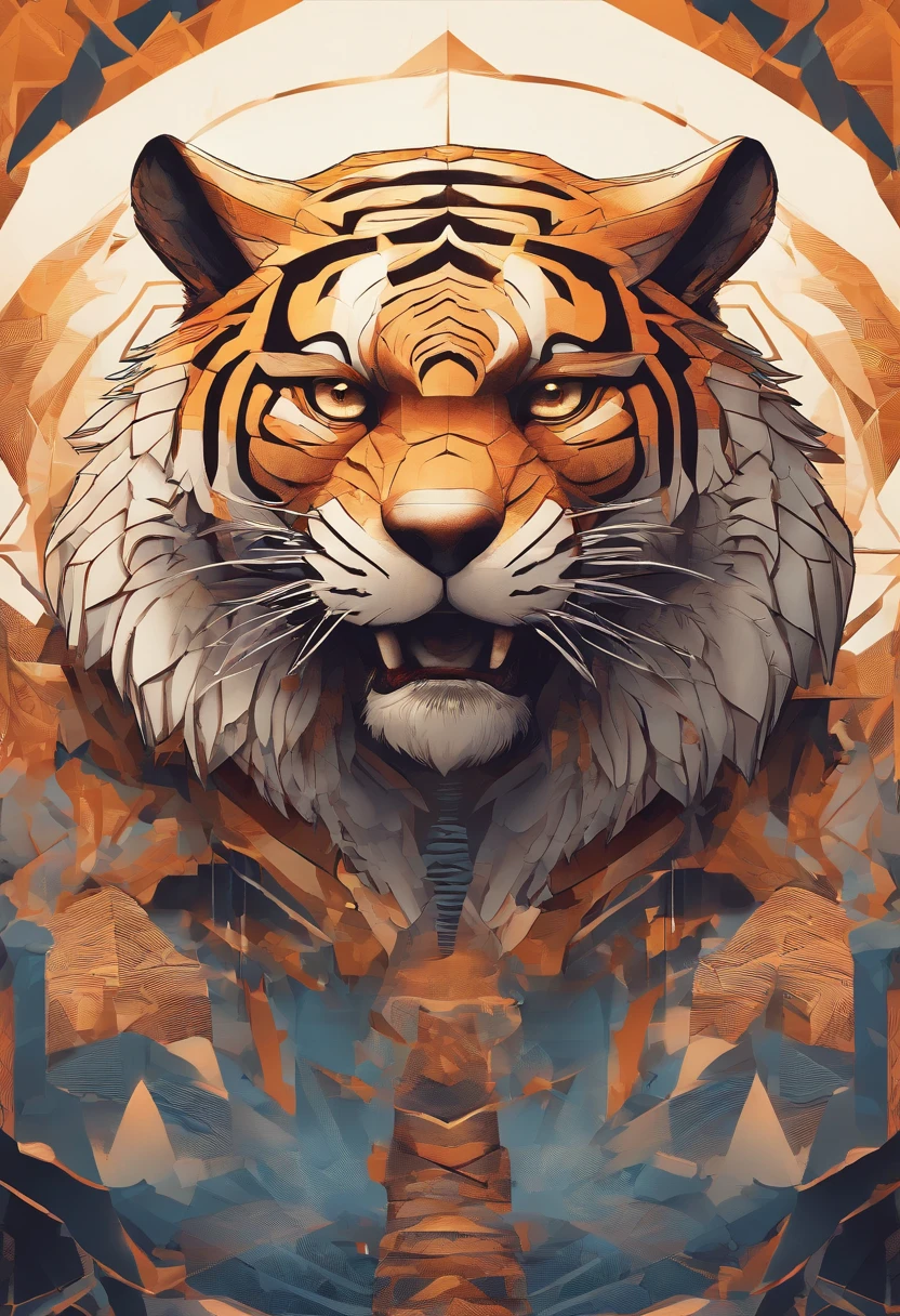 A humanoid tiger stands majestically in front of the beautiful sunset. Warm light illuminates its intricate features, Accentuate the delicate fur pattern and flattering eyes. The tiger's posture exudes confidence and grace, It holds its head high,The breeze blows its fur. The scene is rendered with a mesmerizing light wave effect, Create a fantastic atmosphere. The overall image is very detailed, A complex game,The fine texture of wolf fur as well as shadows and light are shown.