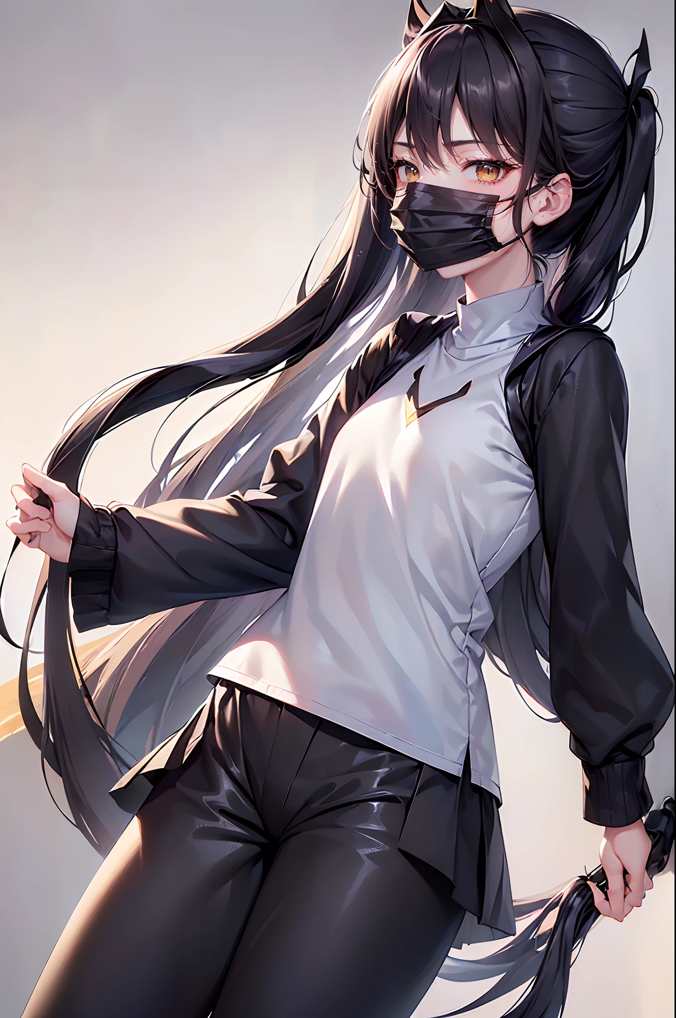 (4K works))、masterpiece、(top-quality)、In front of the wall、Korean female、hi-school girl、((High school girl 18 years old))、((Face similar to Hyun Jin))、cool lady、tall、((Glaring expression))、((Sleepy face))、((Strong eyes))、((Wearing a white T-shirt and a black hooded jacket、Wearing long black pants))、((Wear a black mask))、((smaller face))、Slim body、((How to stand selling fights))、((Cheeky way of standing))、((Bad girl))、((Black long-haired))、((Yellow eyes))、((shot from front))、((Looking down on the viewer))、((rearing))、((Shot alone))、((Solo Photography))