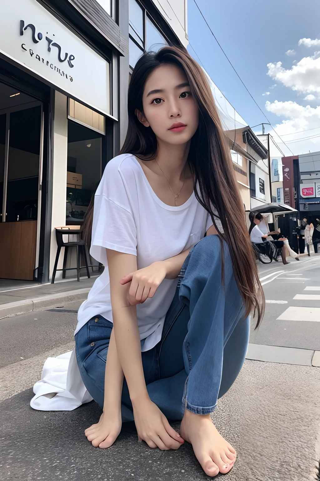 A Japanese Lady, look at viewr, Long hair, Shirt, jeans, cloud, day, skyporn,Outdoors, White T-shirt、Beautie、Beautuful Women、cafes、sitting on