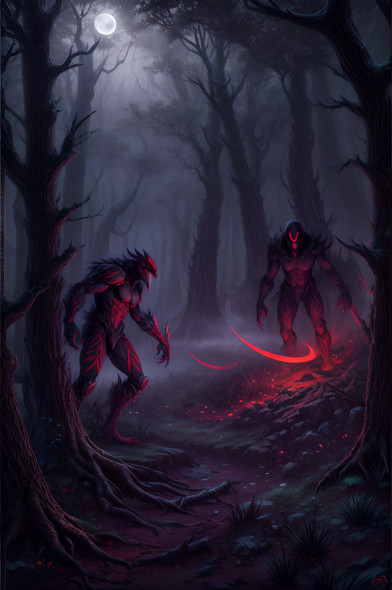 fantasy art, RPG art, ultra wide shot, RAW, photorealistic, a picture of a dark fantasy forest, mist rising from ground crawling mist, its night time, moon rises in the horizon, yet there is a pair of red predator eyes you see between the trees,