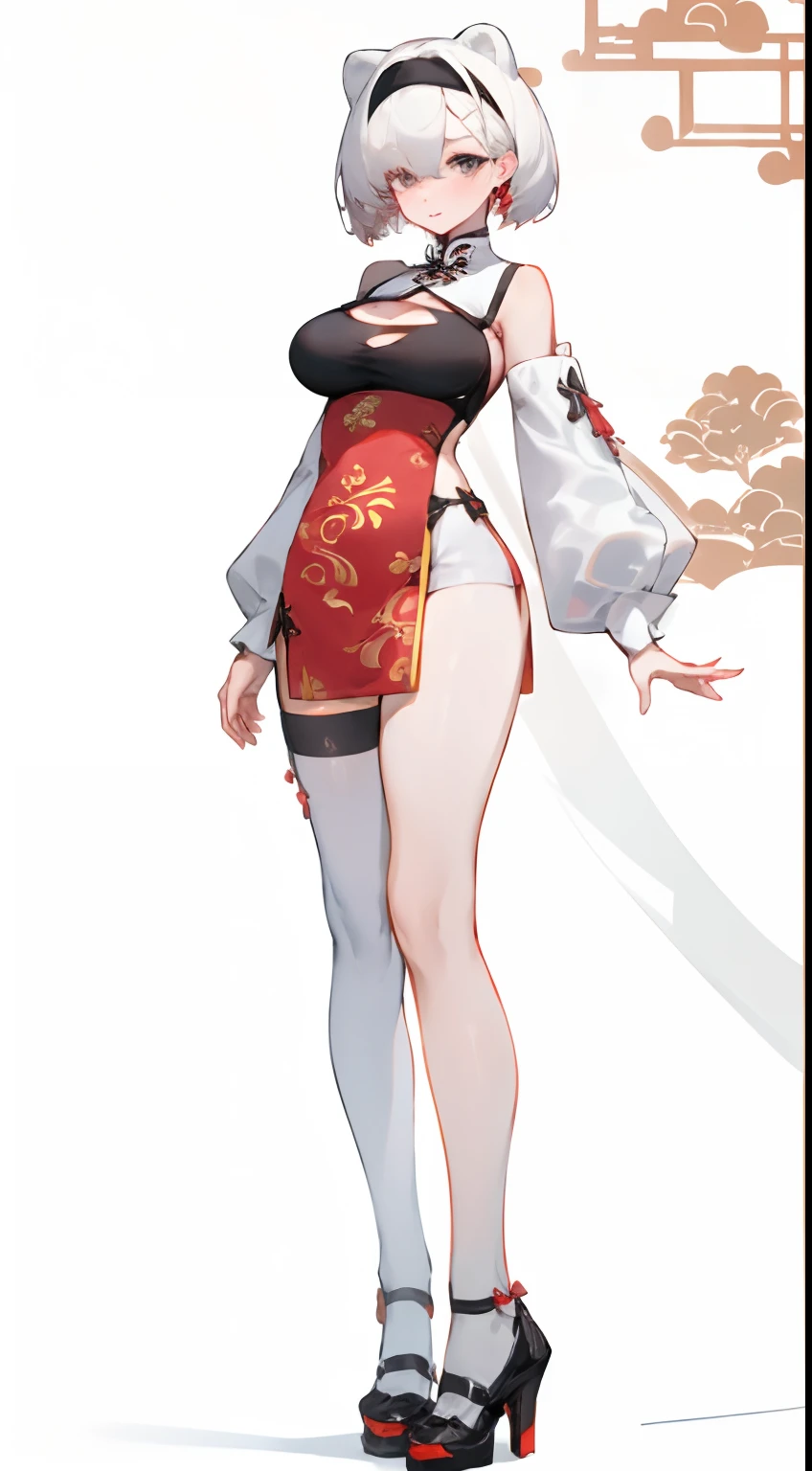 Bigboobs，cropped shoulders，White knee-length stockings，on cheongsam， White high-split cheongsam，Stand up，standing straight，high-heels ，Decorated with Chinese elements，