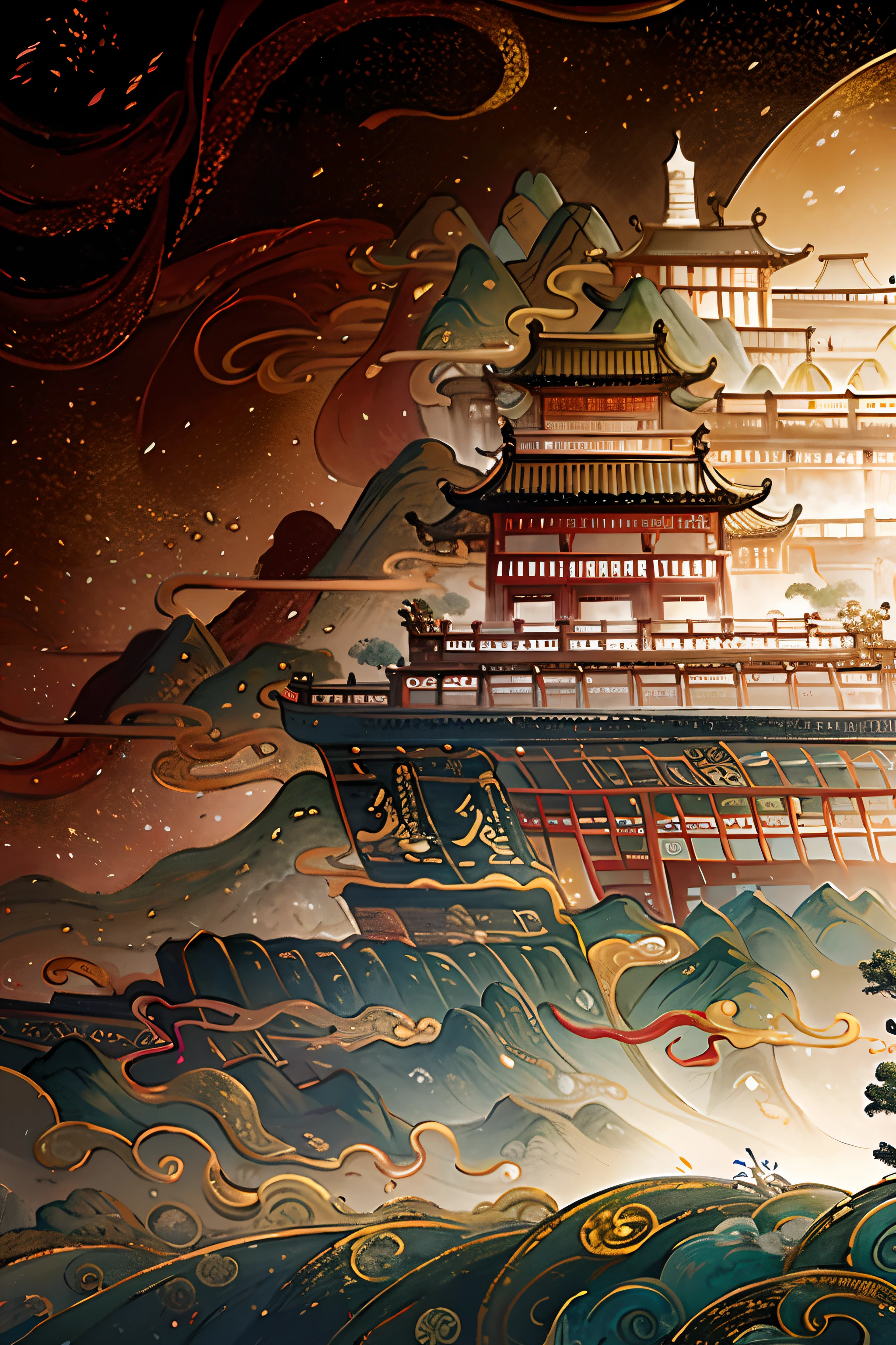 ancient chinese painting, Ancient Chinese Background, mountain, river, auspicious clouds, Chinese Palace, sunrays, master-piece, Super detailed, Epic composition, Ultra HD, High Quality, Very detail, official art, All-in-one 8k wallpaper, Super detailed, 32k -- v 6
